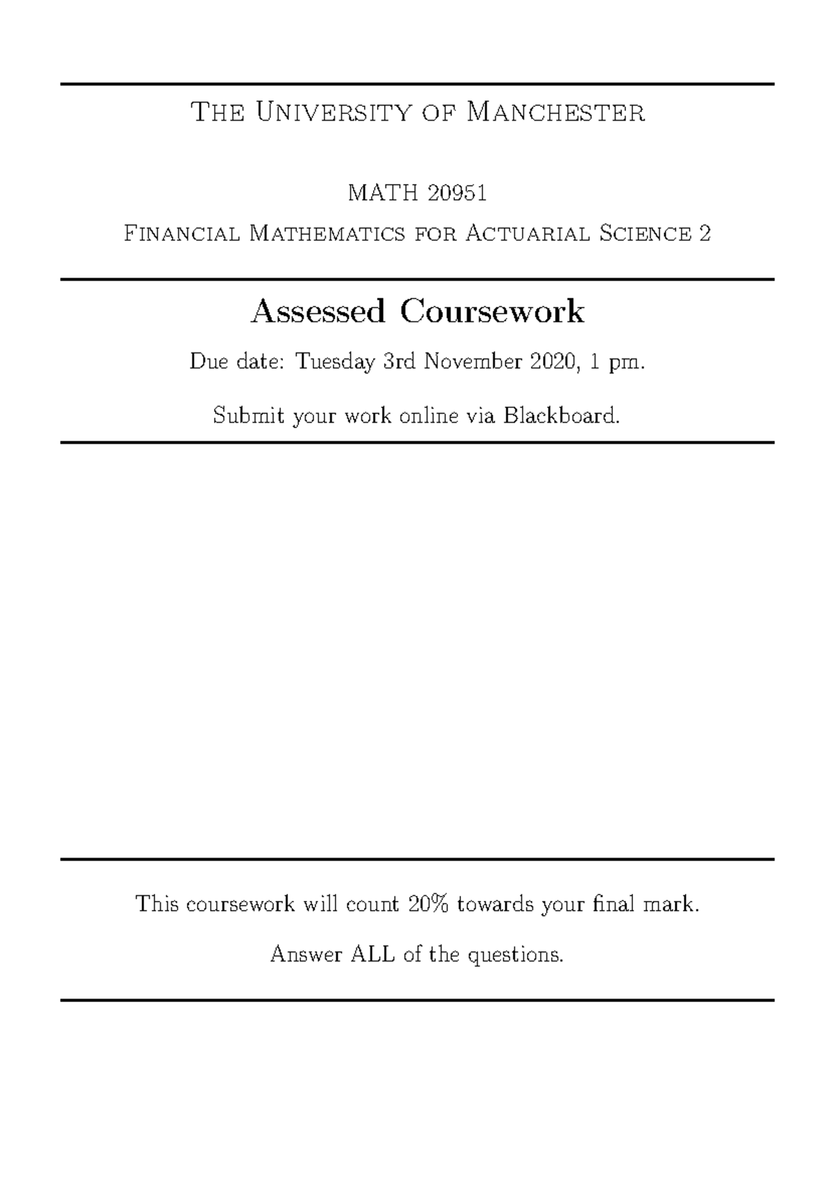Mathematics for Actuarial Science 2 MATH20951-2020-21 coursework - The ...