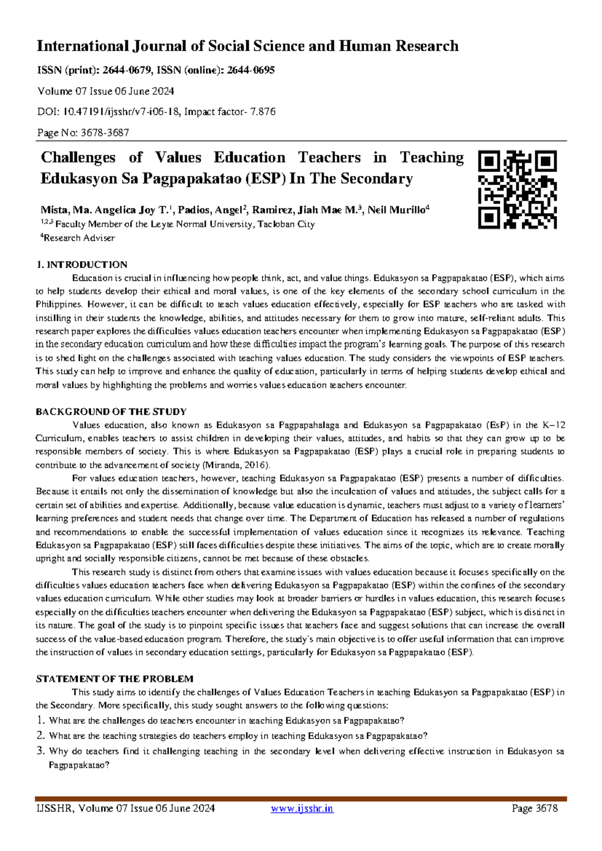 Challenges Faced by Values Education Teachers in Teaching ESP (SEC ...