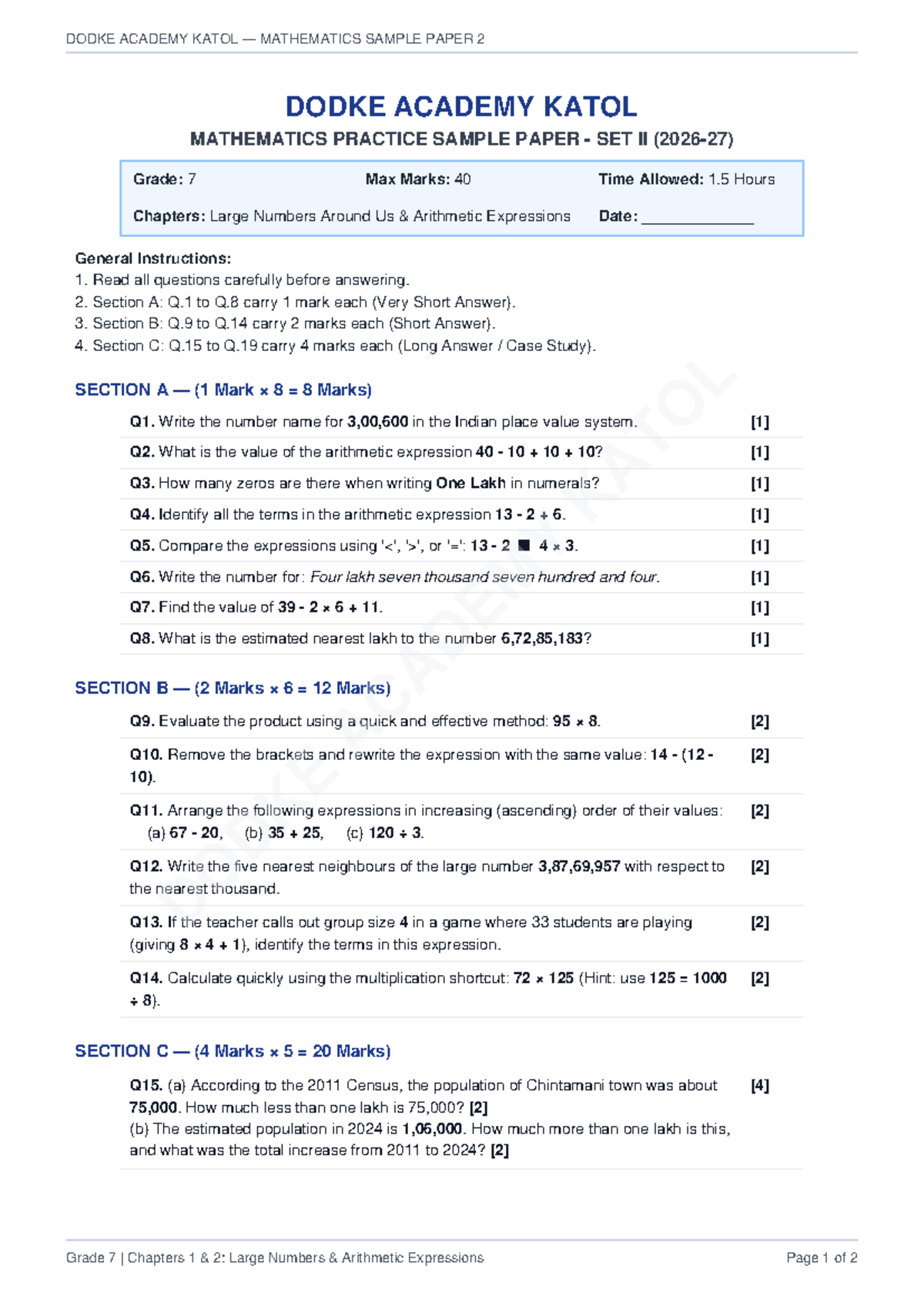 DODKE ACADEMY KATOL GRADE 7 MATH SAMPLE PAPER SET II - Studocu