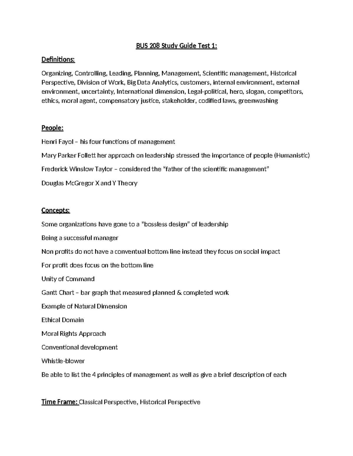 BUS 208 Study Guide: Test 1 Key Concepts & Management Figures - Studocu