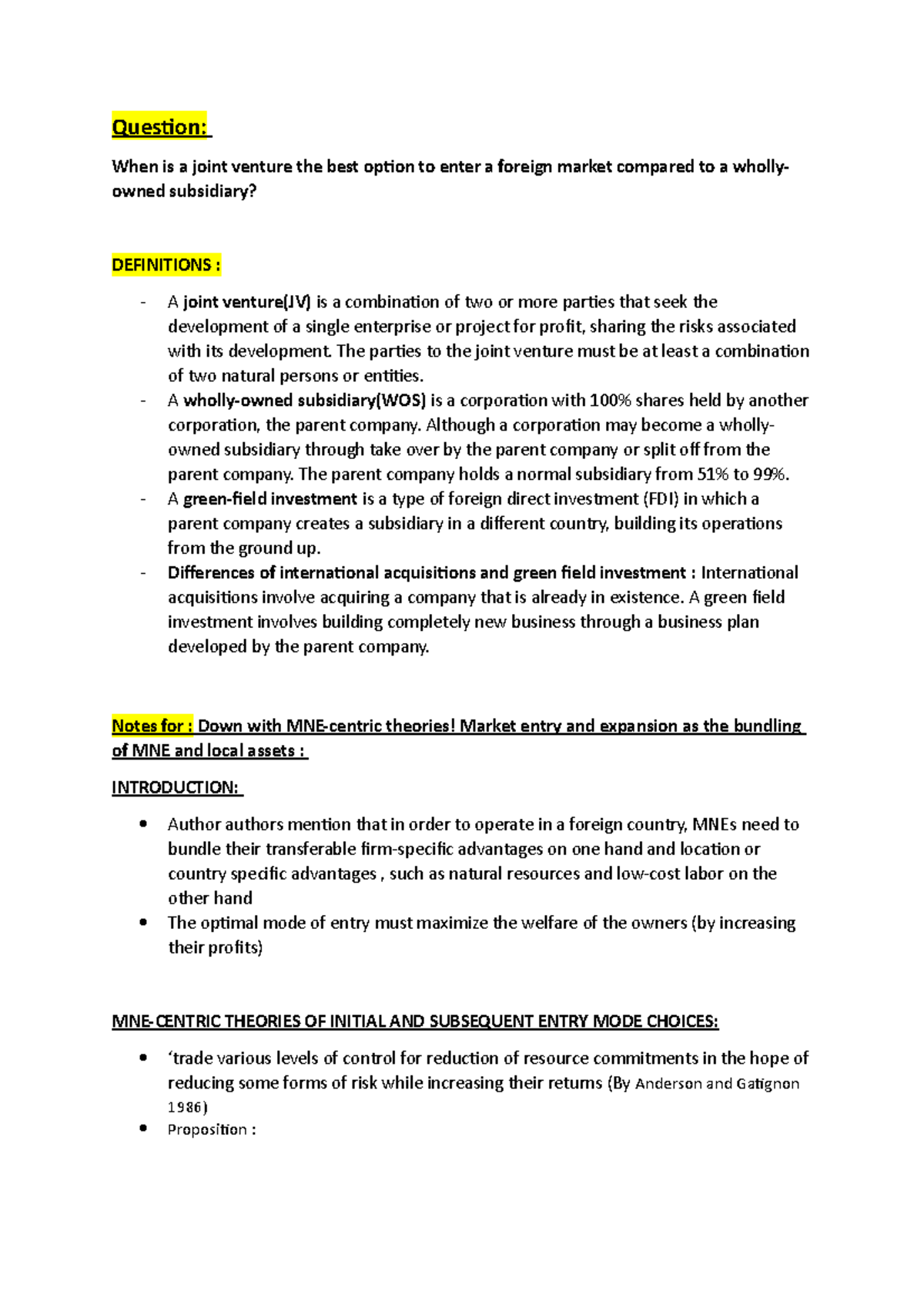 Comparative Analysis of Entry Modes: JV vs WOS in Foreign Markets ...