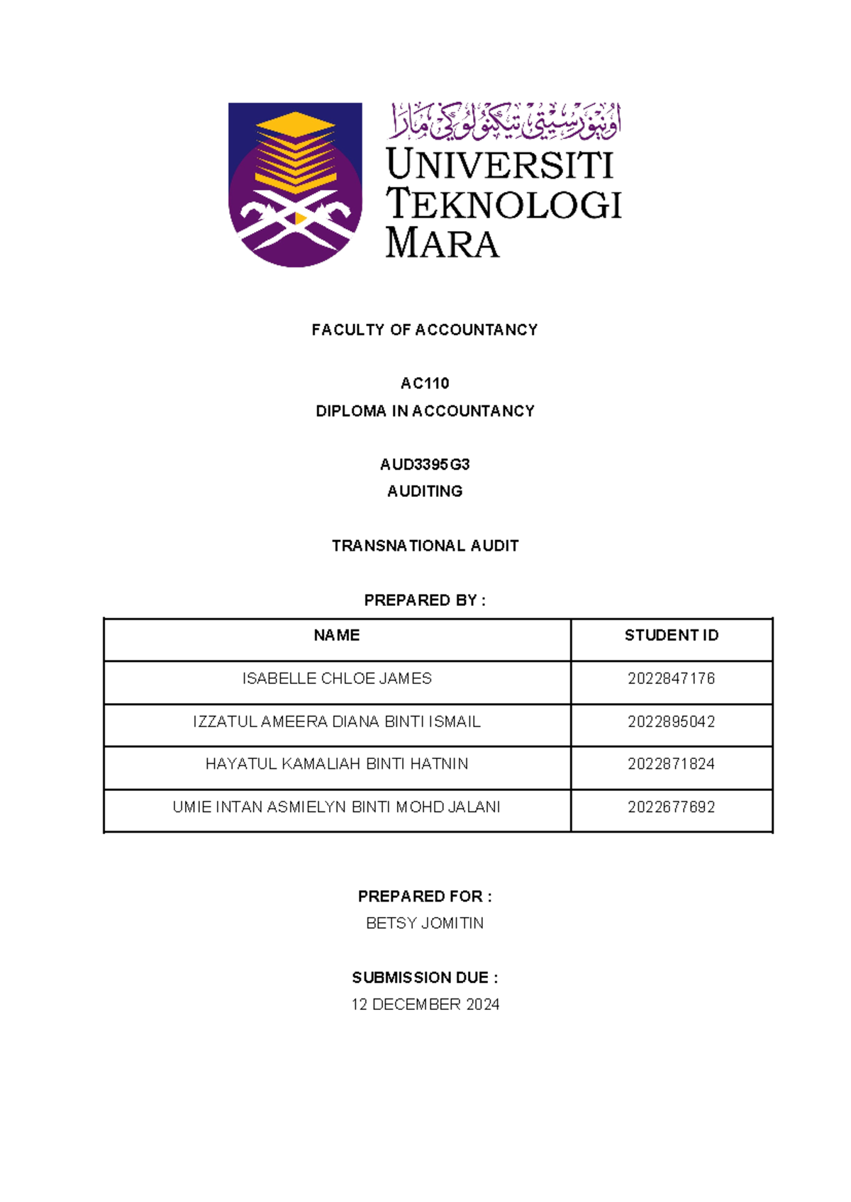 AUD339 Group Assignment Transactional Audit - FACULTY OF ACCOUNTANCY AC ...