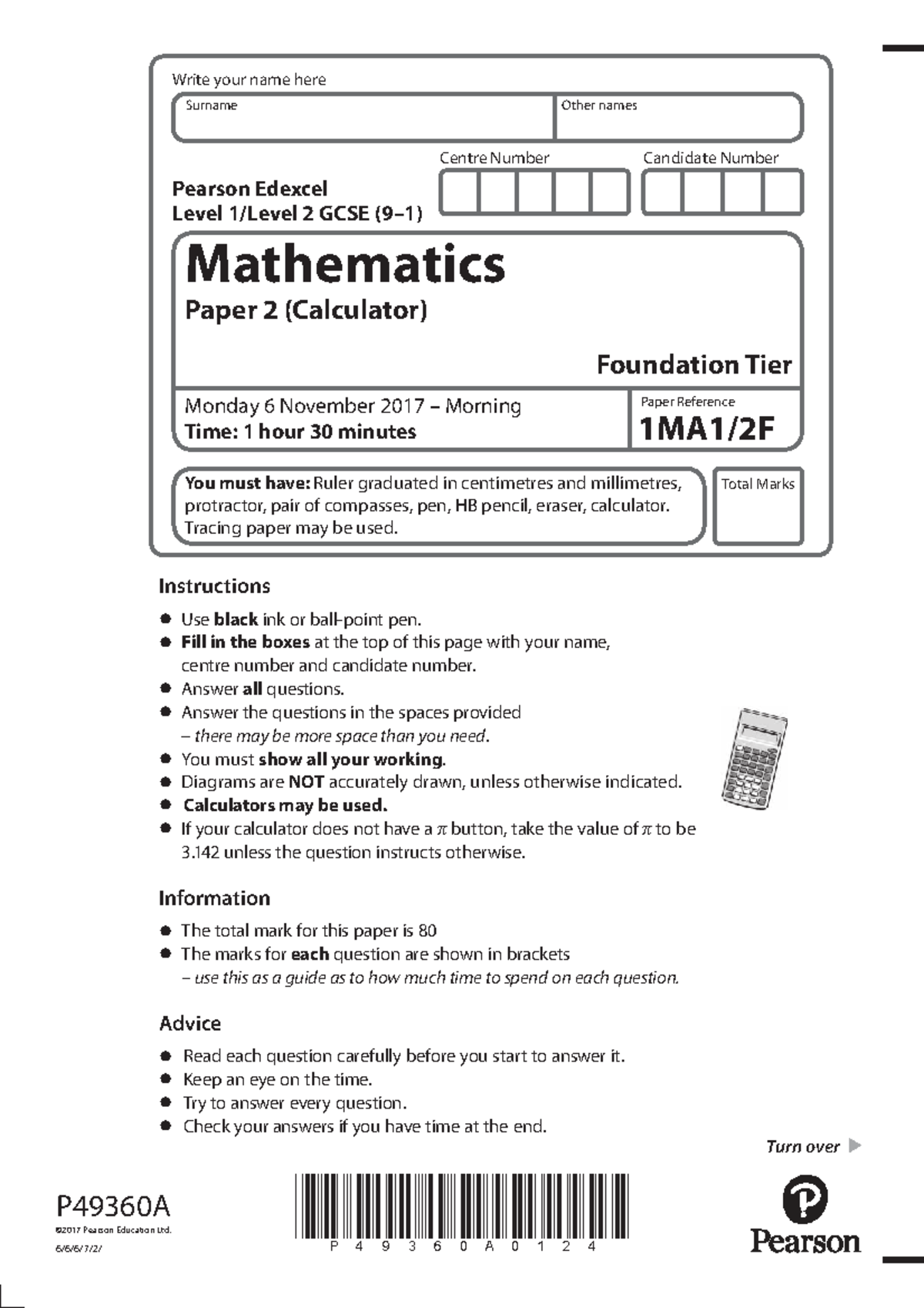 GCSE Maths Paper 2 (Calculator) 1MA1 2F - Nov 2017 Exam Guide - Studocu