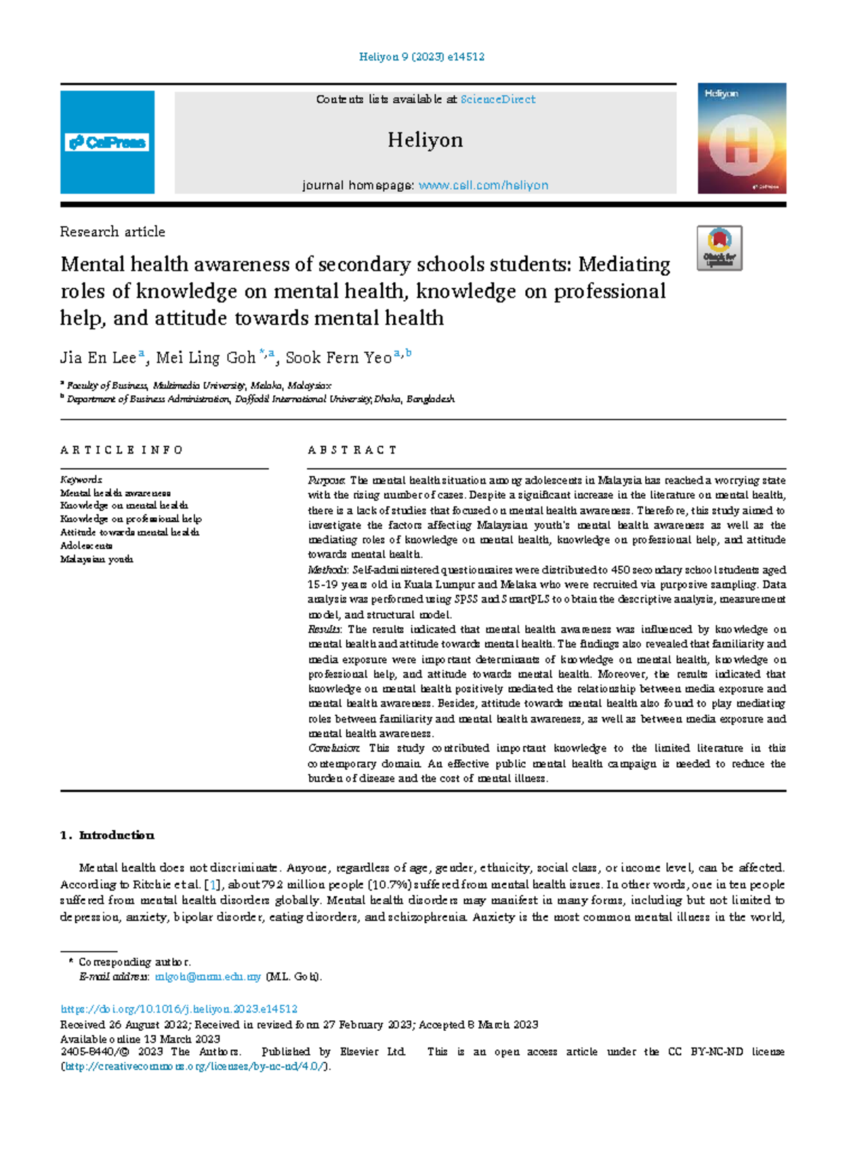 Mental Health Awareness Among Malaysian Secondary School Students ...