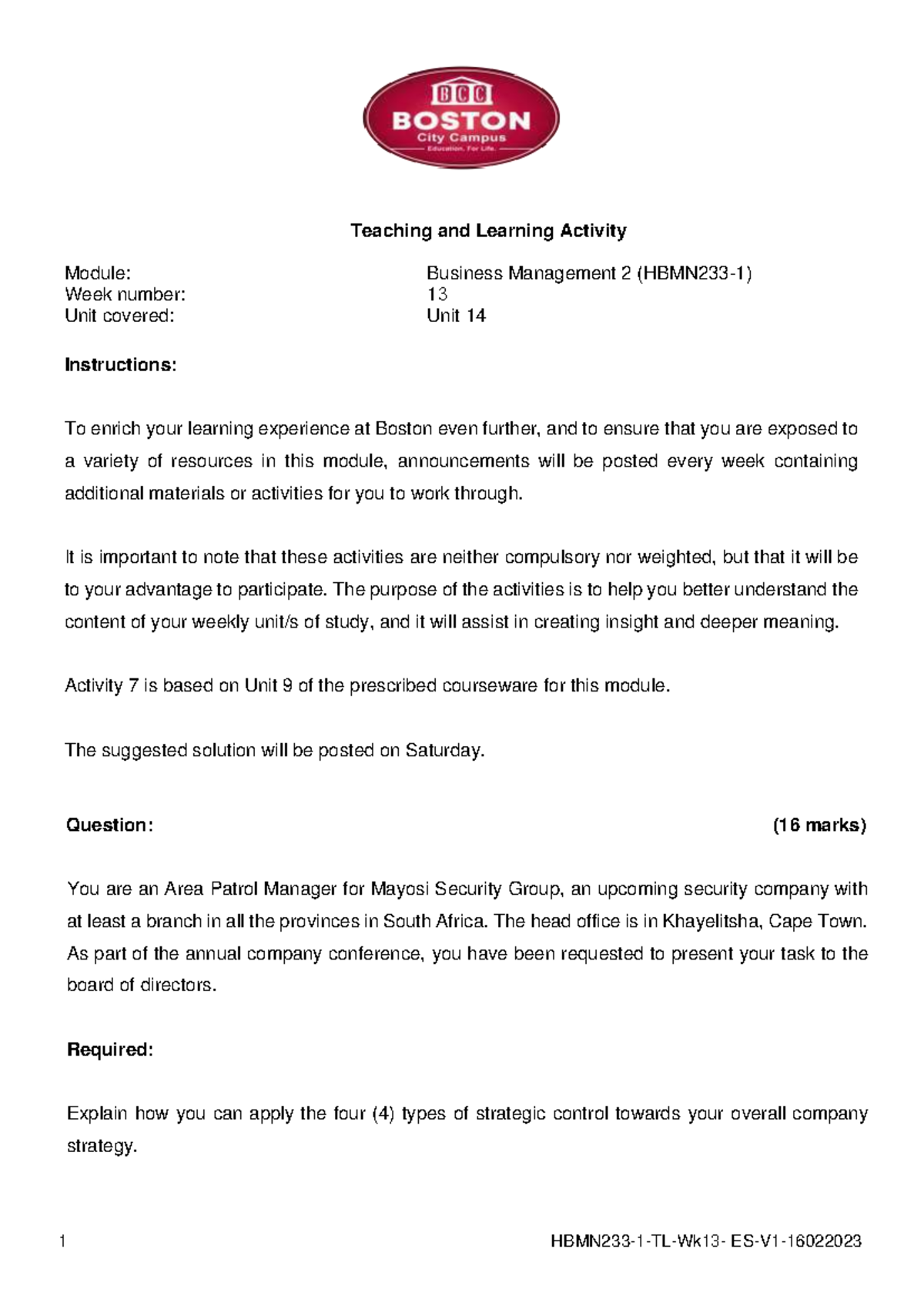 HBMN233 Teaching & Learning Activity: Wk 13 - Business Management 2 ...