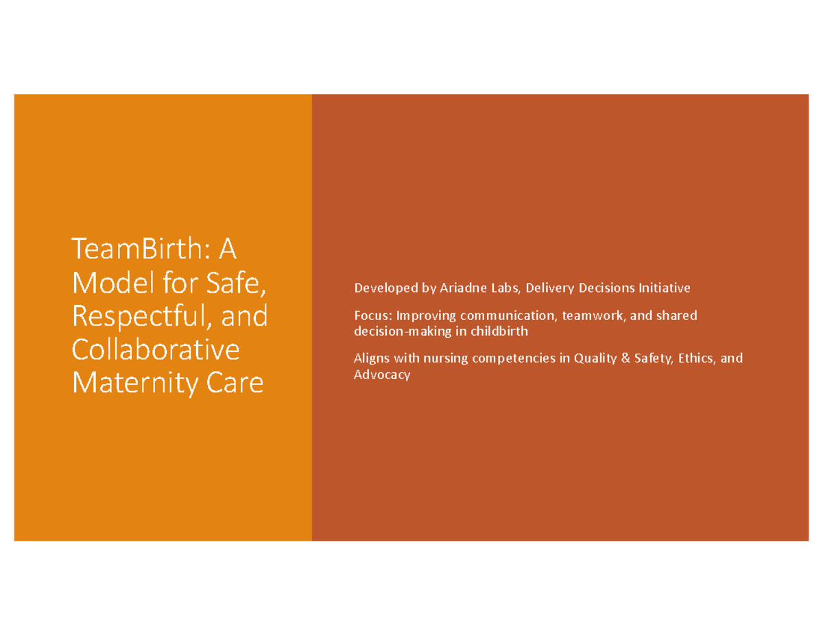 Week 9 Professional Issues: TeamBirth Model for Maternity Care - Studocu