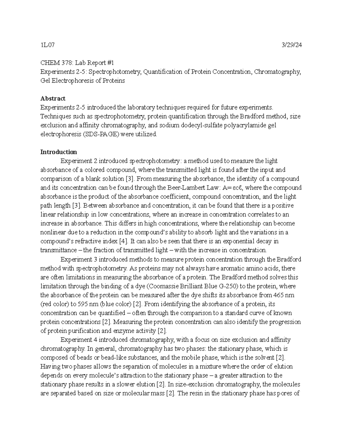 CHM 378 Lab Report 1: Spectrophotometry & Protein Analysis Techniques ...