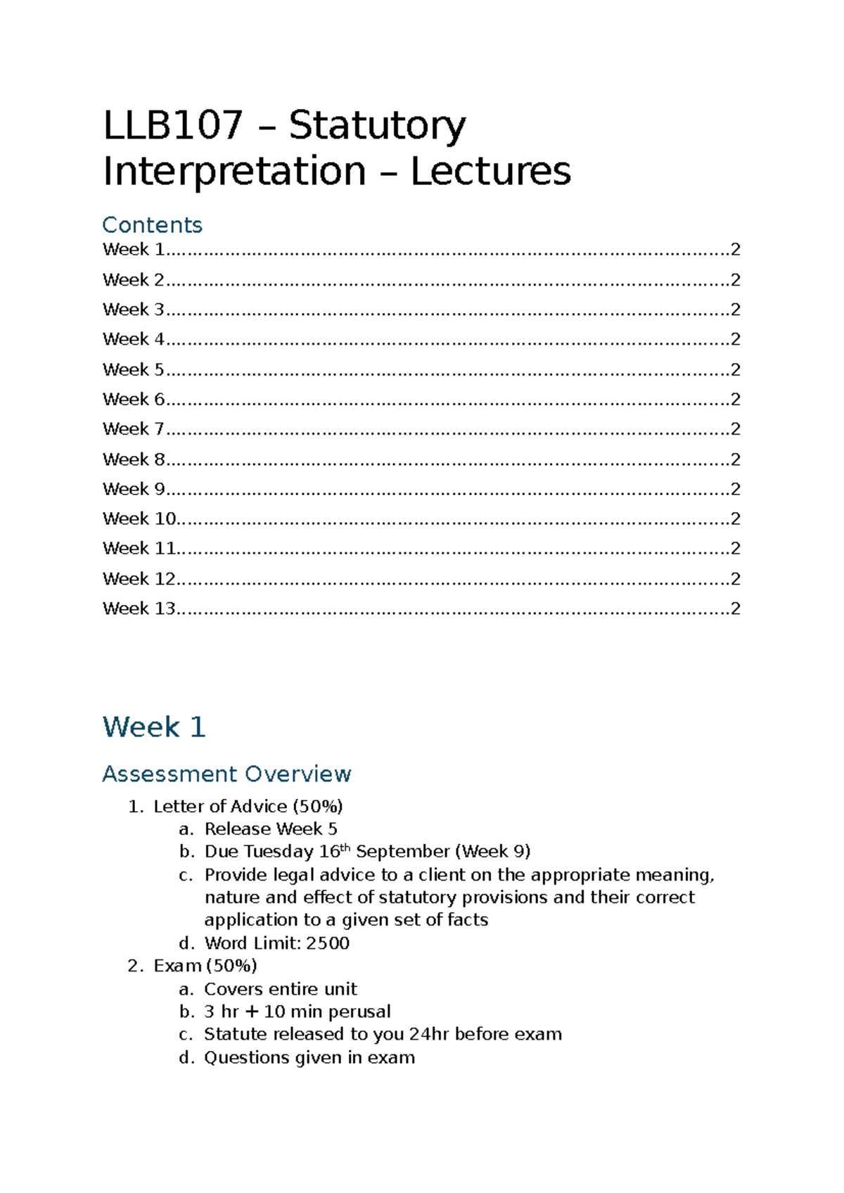 LLB107 Statutory Interpretation Lecture Notes: Weeks 1-10 Overview ...