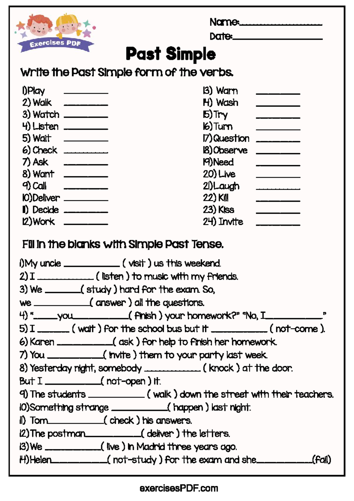 Simple Past Tense Exercises: Fill in the Blanks - Studocu