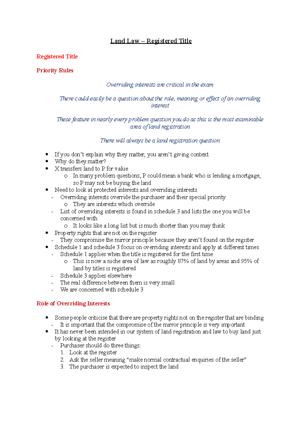Land Law (LAW101) - Understanding Overriding Interests in Registered ...