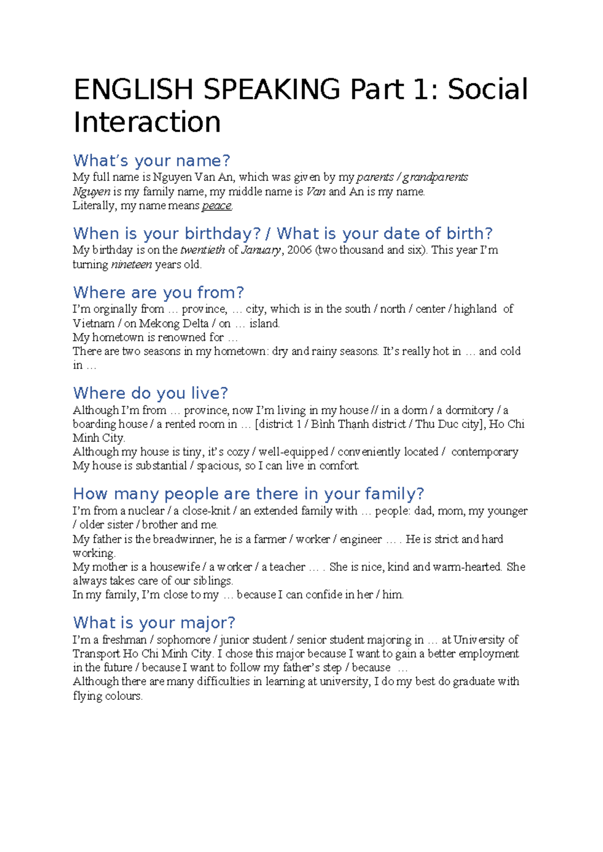 English Speaking Part 1 - ENGLISH SPEAKING Part 1: Social Interaction ...