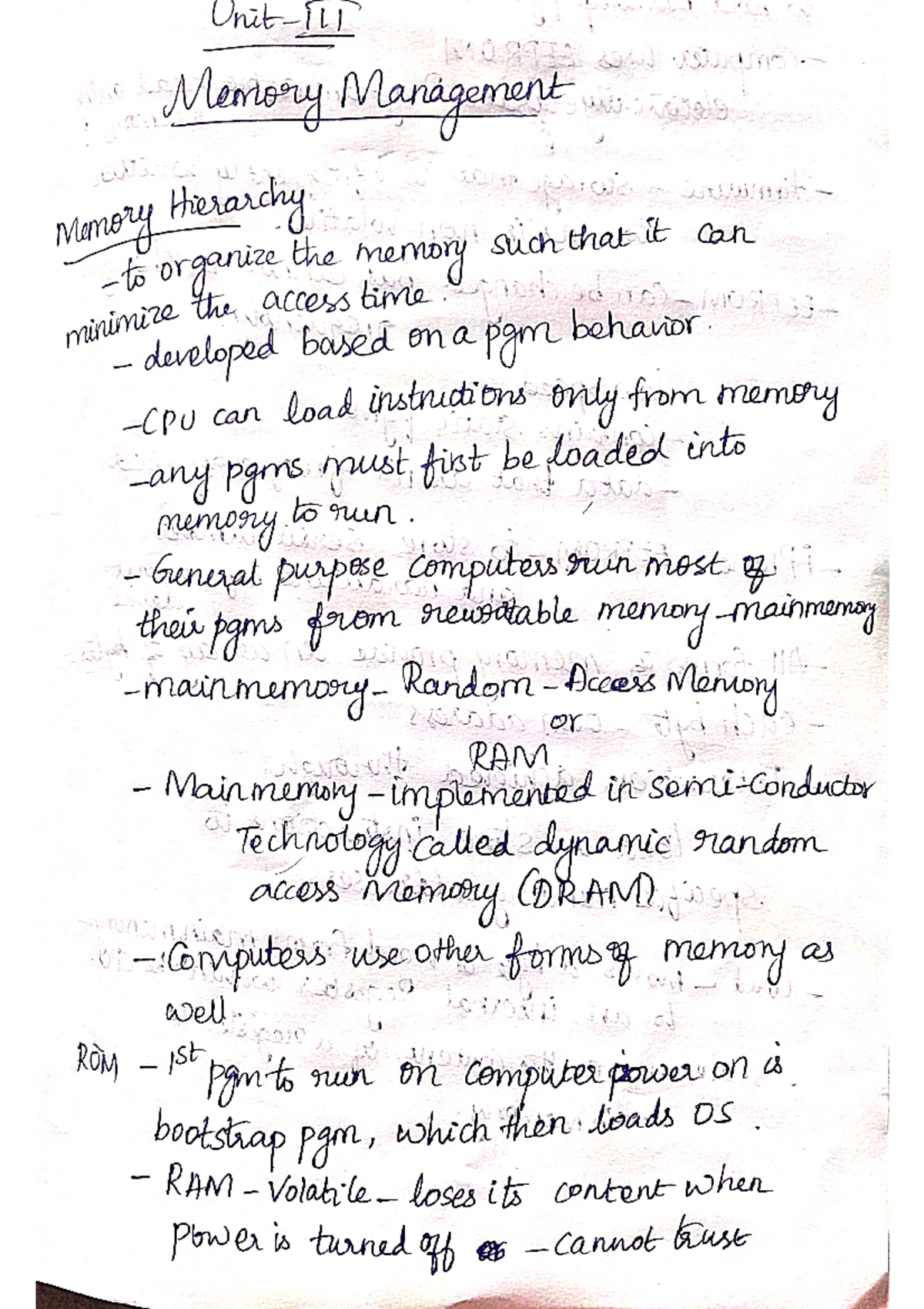 Unit III notes - Memory Management memory Hierarchy to organize the ...