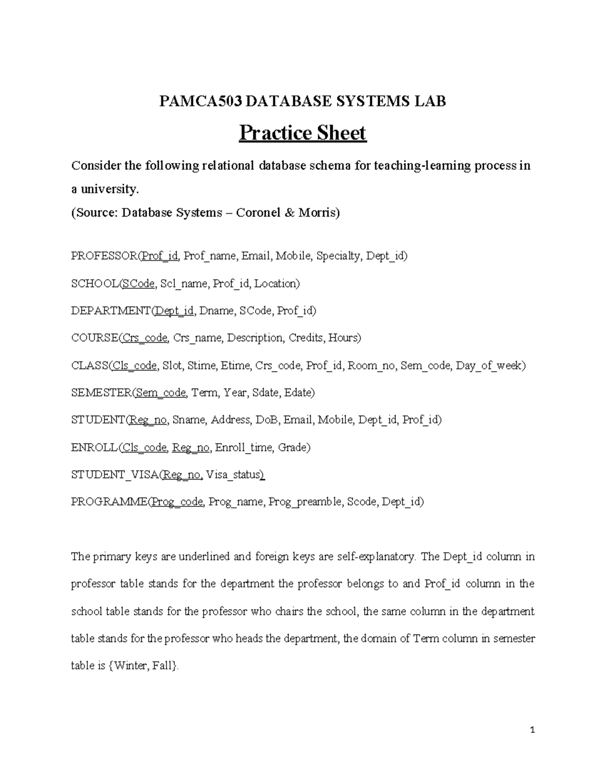 PAMCA503 DATABASE SYSTEMS LAB Practice Sheet and Exercises - Studocu
