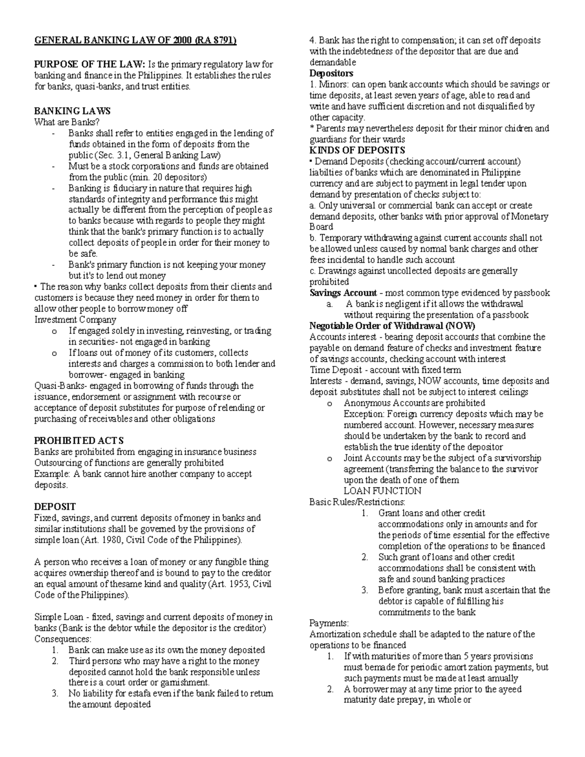General Banking Law & Bank Secrecy (RA 8791 & RA 1405) Overview - Studocu