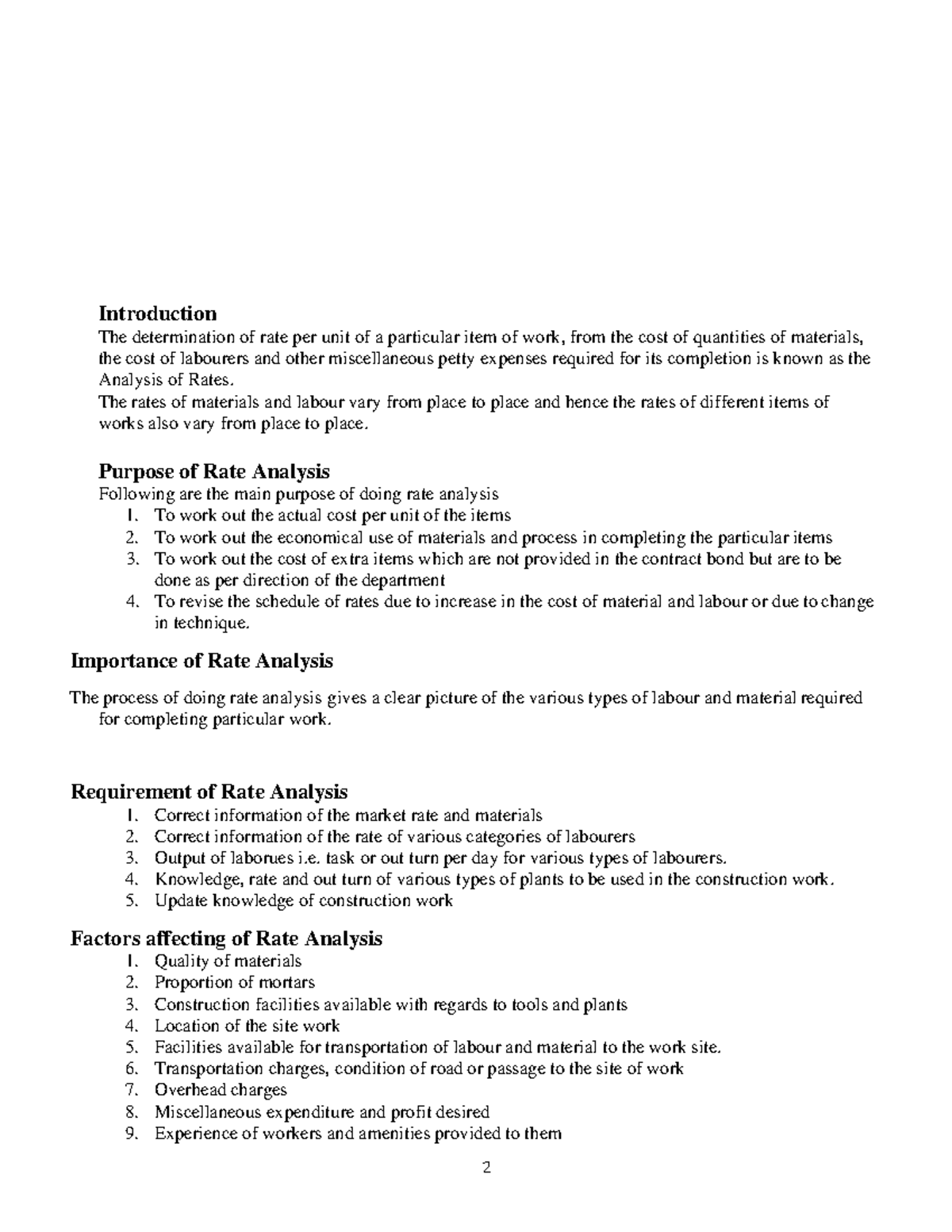 RATE Analysis & Estimation Format in Construction - Studocu