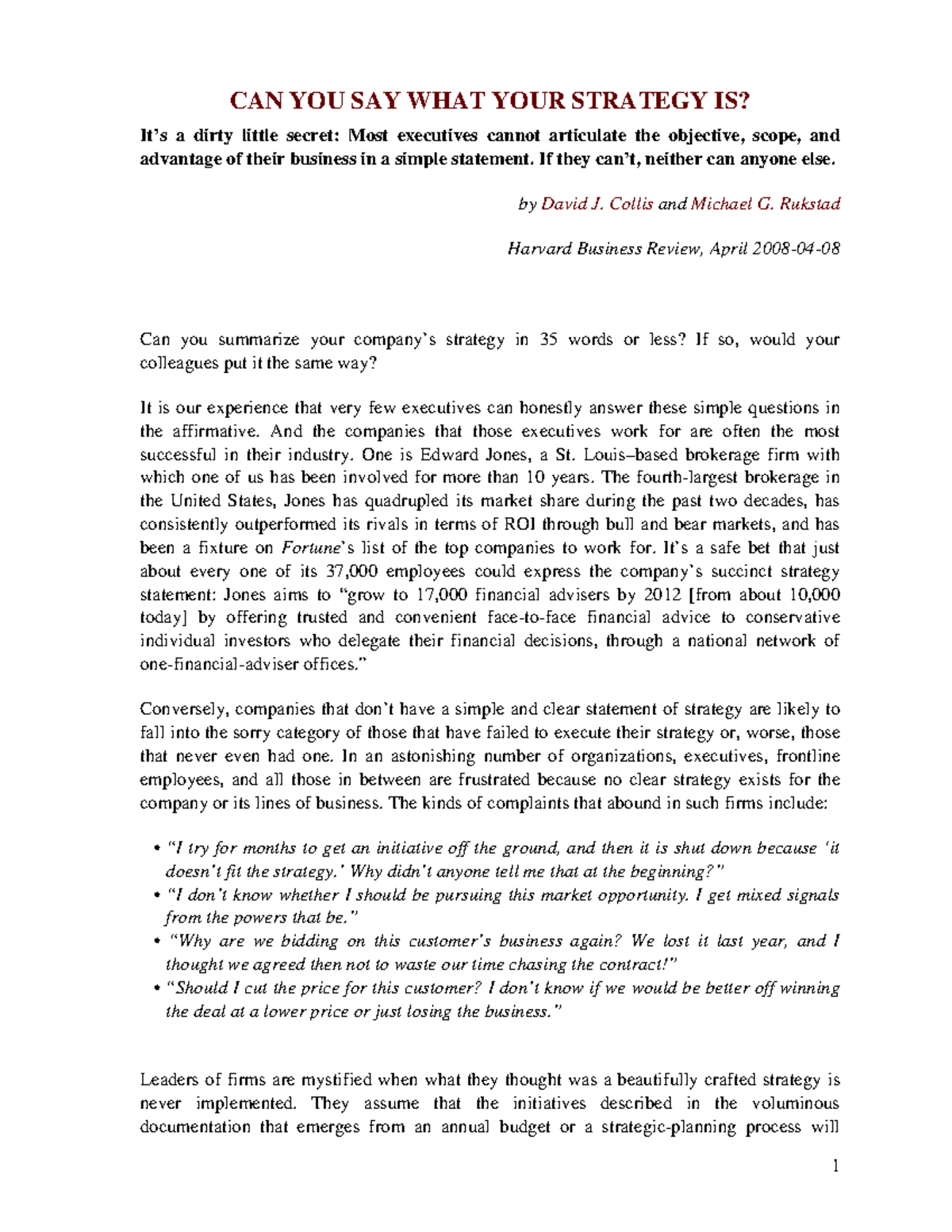HBR Case Study: Articulating Your Business Strategy - Studocu