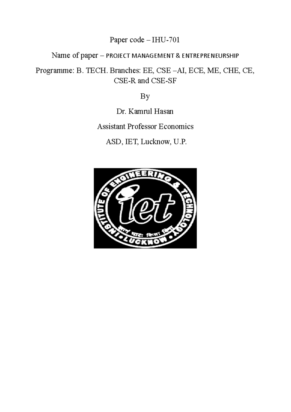 B. TECH. Project Management: Entrepreneurship Unit 1 Notes - Studocu