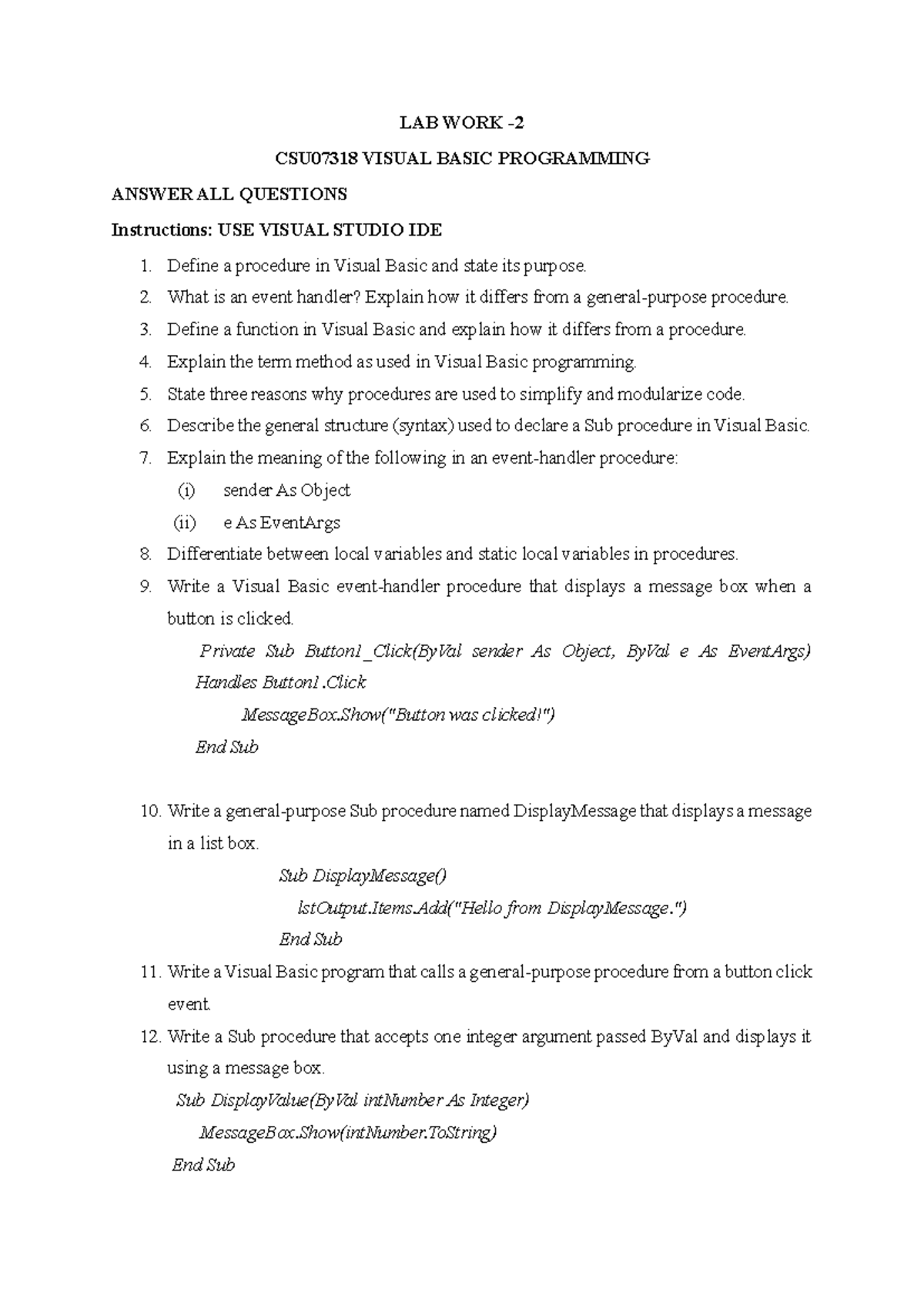 LAB WORK CSU07318: Visual Basic Programming Exercises - Studocu