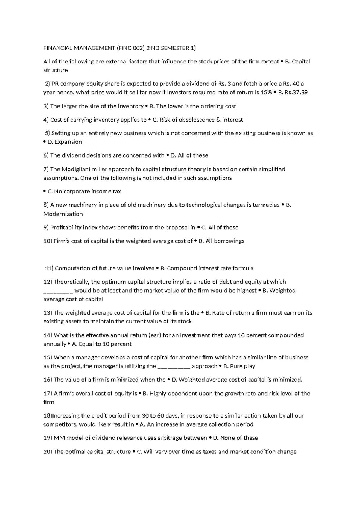 Financial Management (FINC 002) 2nd Semester Study Notes - Studocu