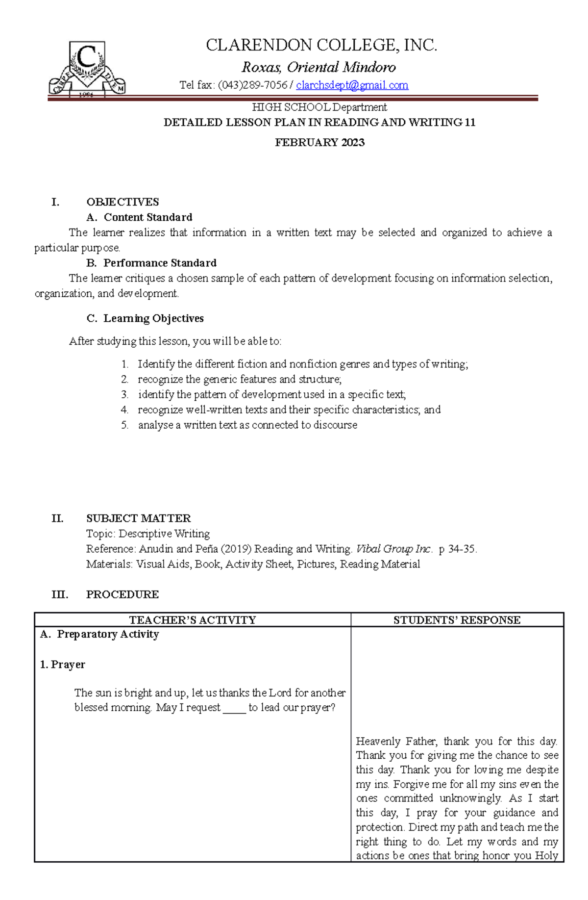 Detailed Lesson Plan on Descriptive Writing - READING & WRITING 11 ...