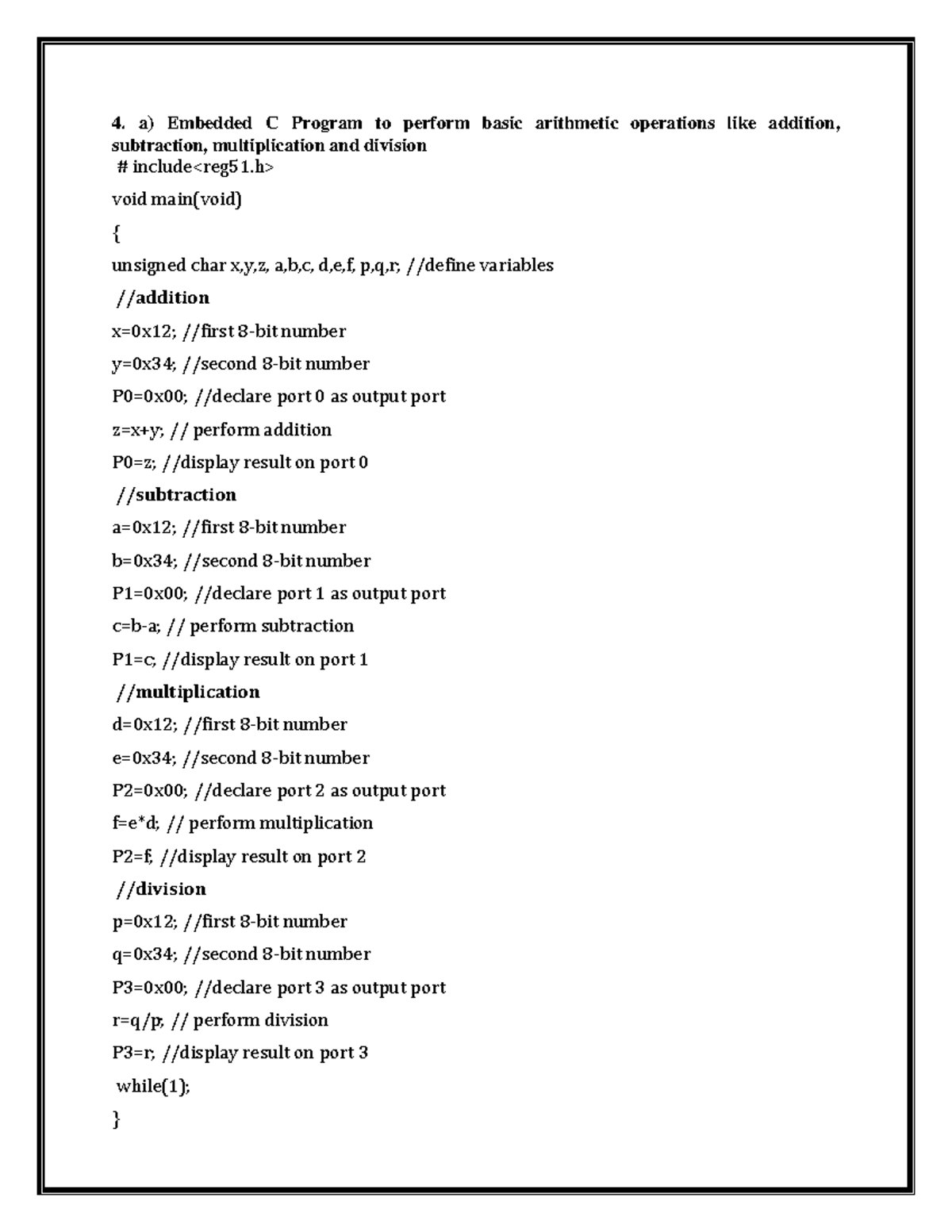 Embedded C Program to perform basic arithmetic operations like addition ...