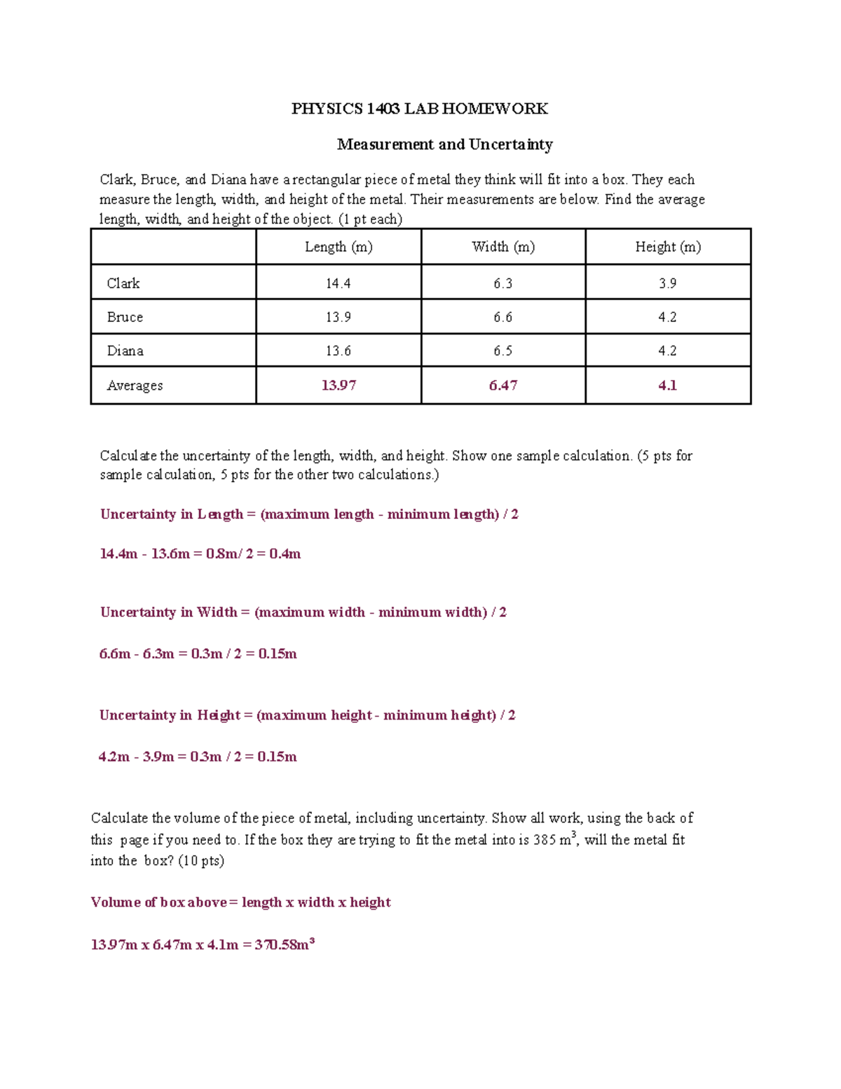 PHYS 1403 Lab Homework - Calculating Volume with Uncertainty - Studocu