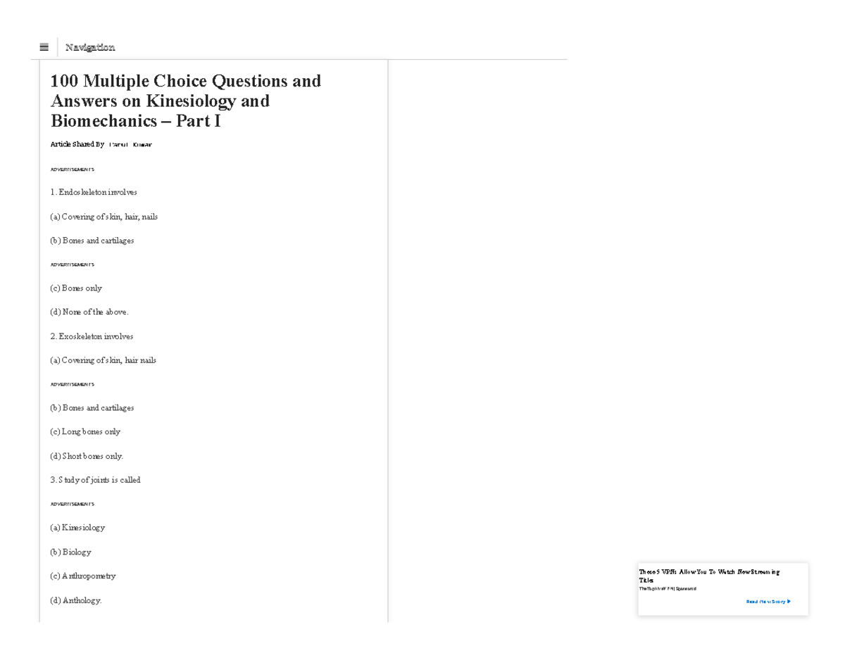 100 MCQs with Answers on Kinesiology & Biomechanics - Part I - Studocu