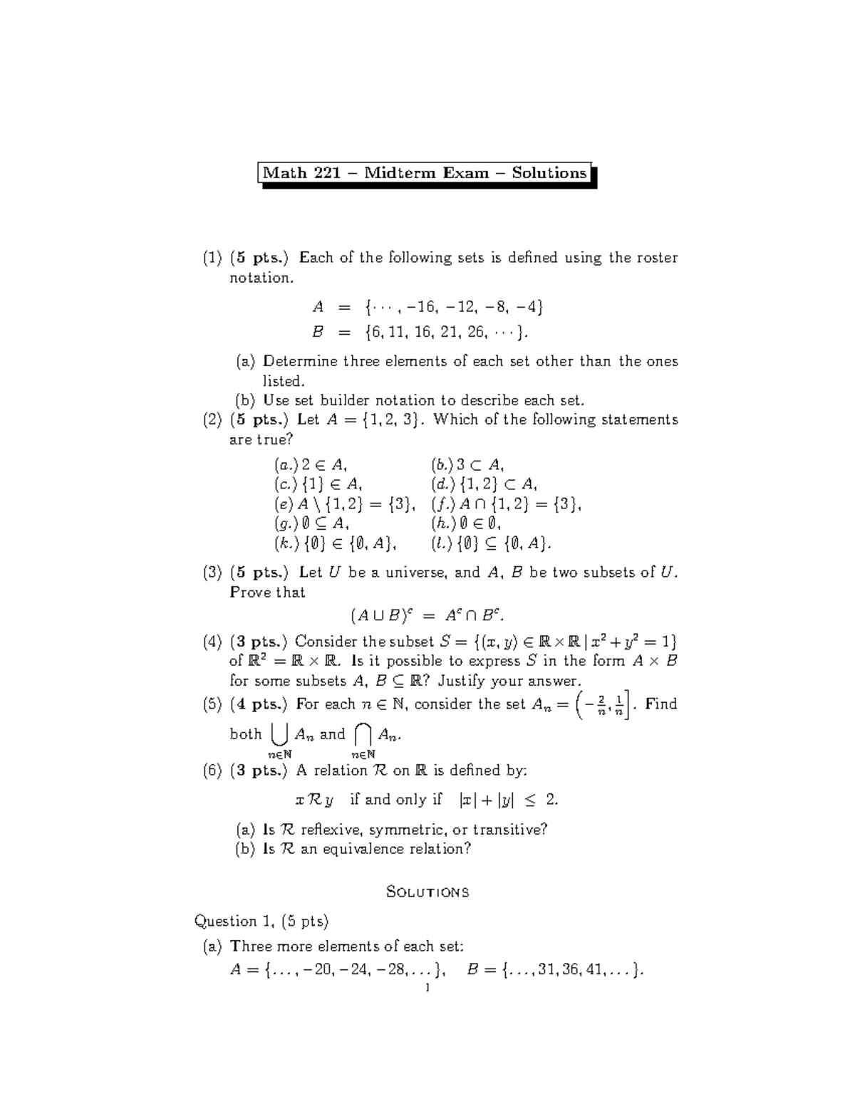Midterm - Solutions - Math 221 – Midterm Exam – Solutions (1) (5 pts ...