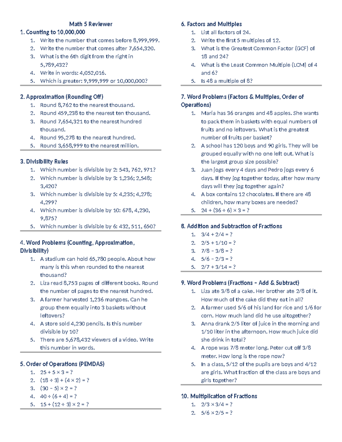 Math 5 Final Exam Reviewer: Counting, Factors, and Operations - Studocu