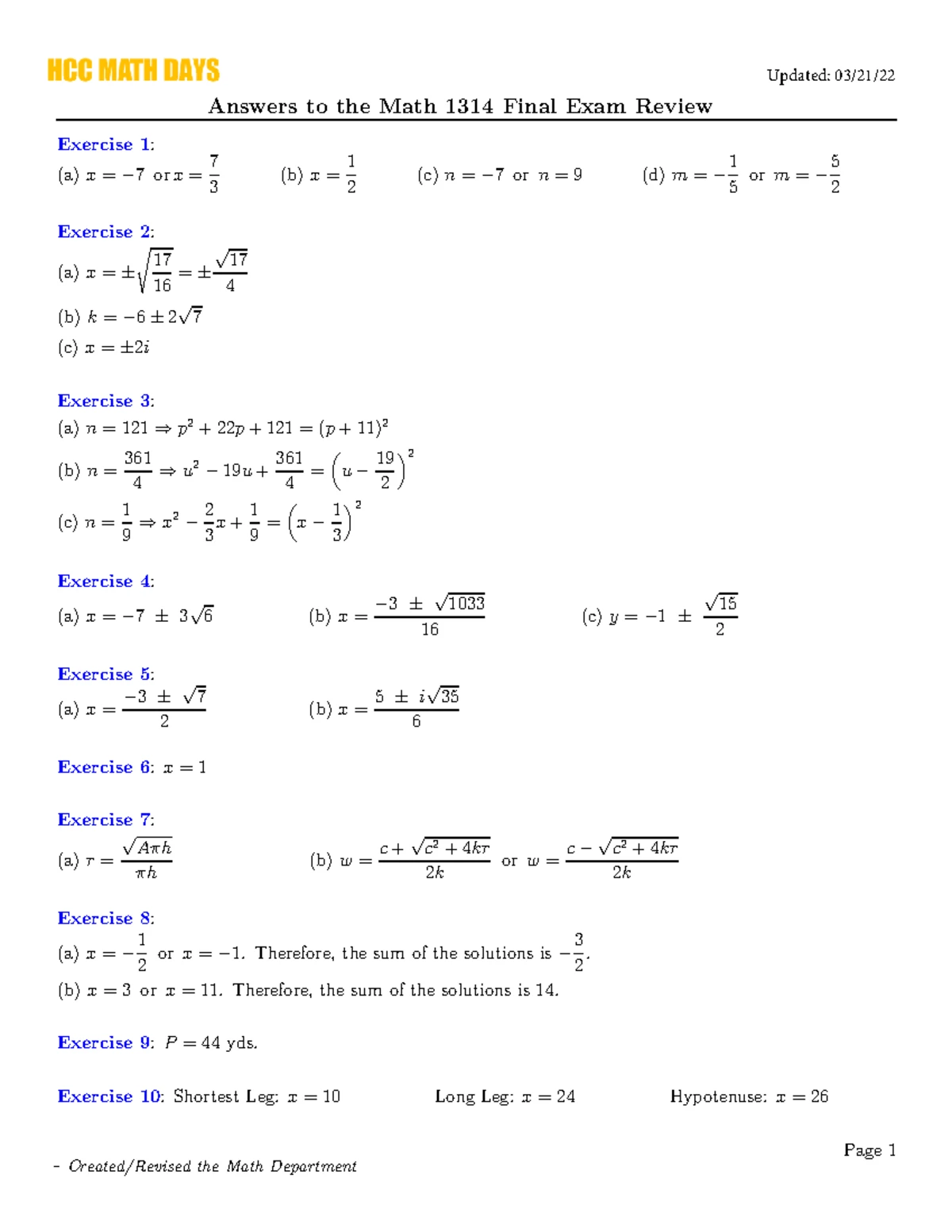 Math 1314 Final Exam Review Guide: Key Topics & Problems - Studocu
