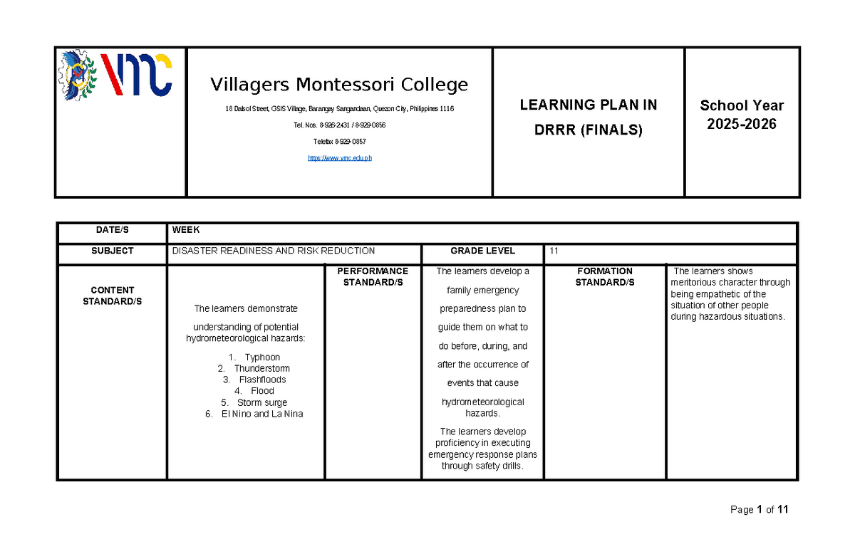 DRRR 11 - Learning Plan for Disaster Readiness & Risk Reduction (Finals ...