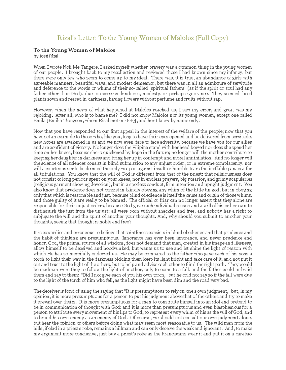 Letter To The Young Lady Of Malolos Summary Young women - N/A - Rizal's Letter: To the Young Women of Malolos (Full