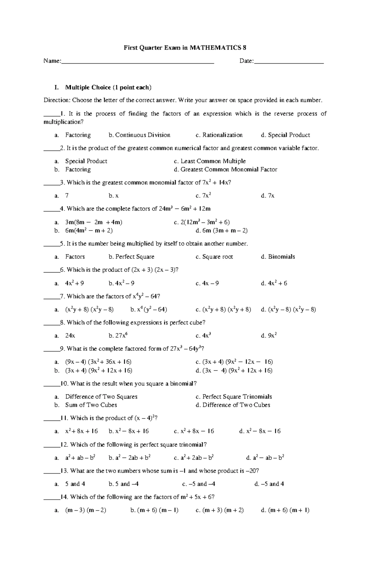 MATHEMATICS 8 2nd Quarter Exam Review and Practice Questions - Studocu