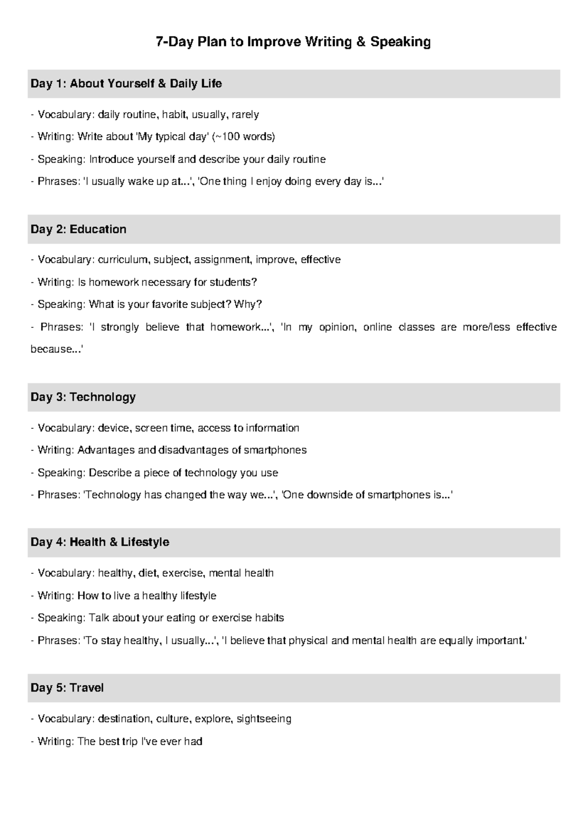 7-Day English Plan: Writing & Speaking Skills Development - Studocu