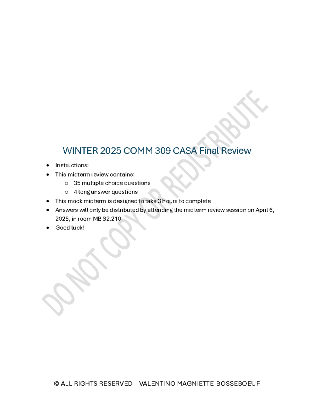 WINTER 2025 COMM 309 CASA Midterm Review Guide - Studocu