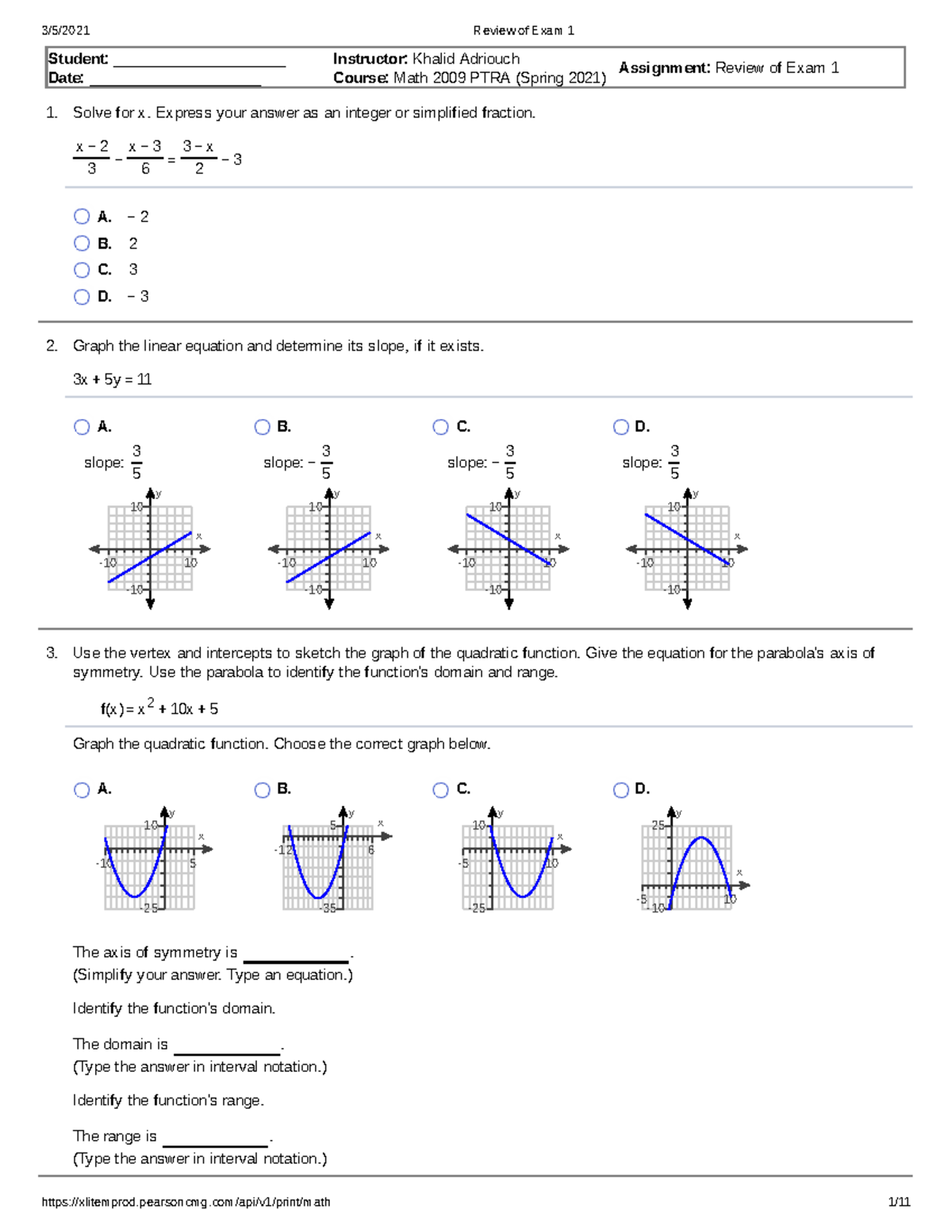 Review of Exam 1-2 - Math 2009 - 1. 2. 3. Student ...