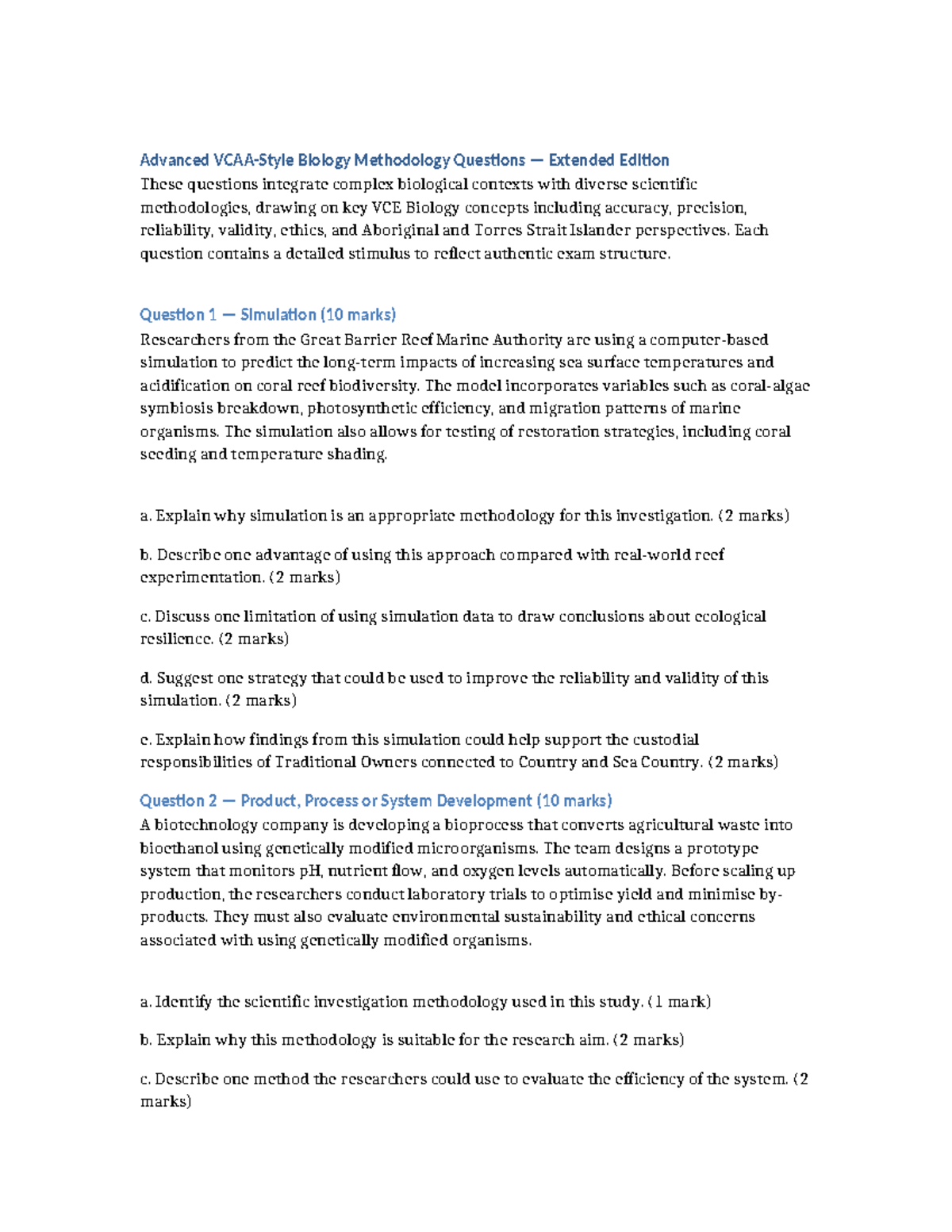 Advanced VCAA Biology Methodology Questions: Extended Edition - Studocu
