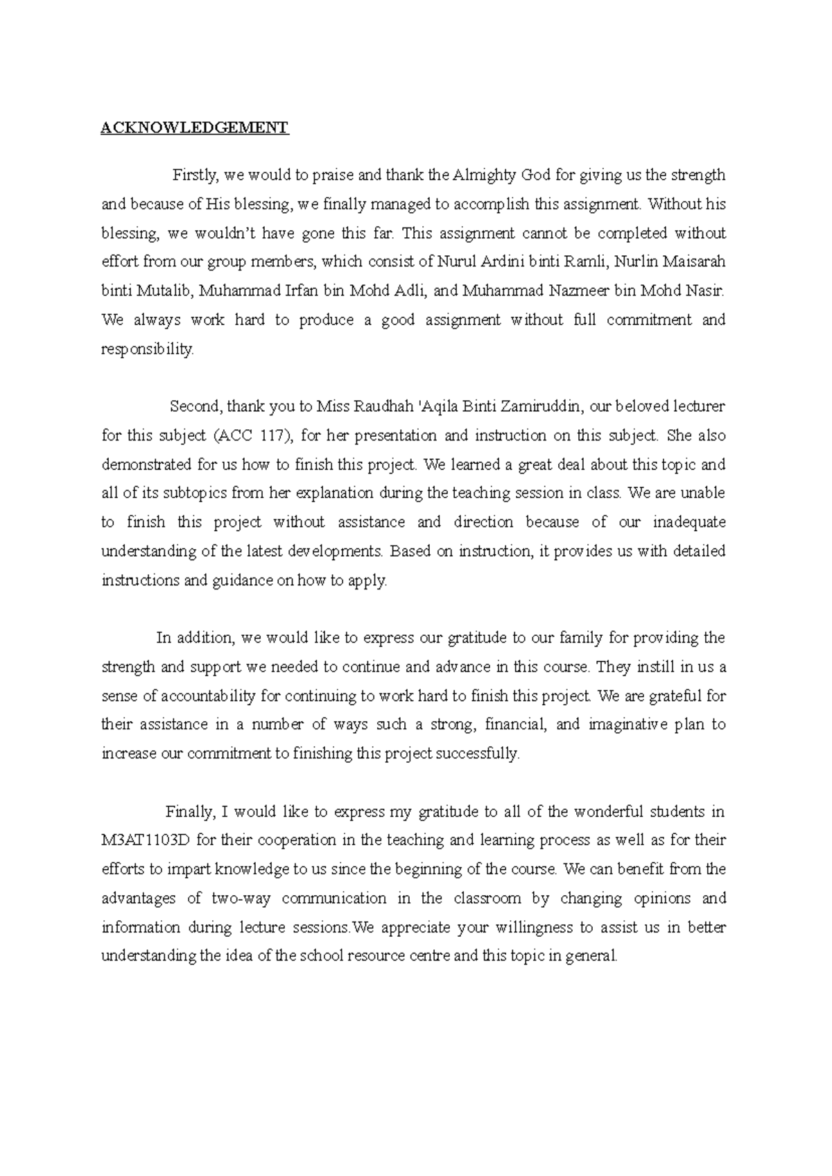 Acknowledgment for ACC 117 - M3AT1103D Group Assignment - Studocu