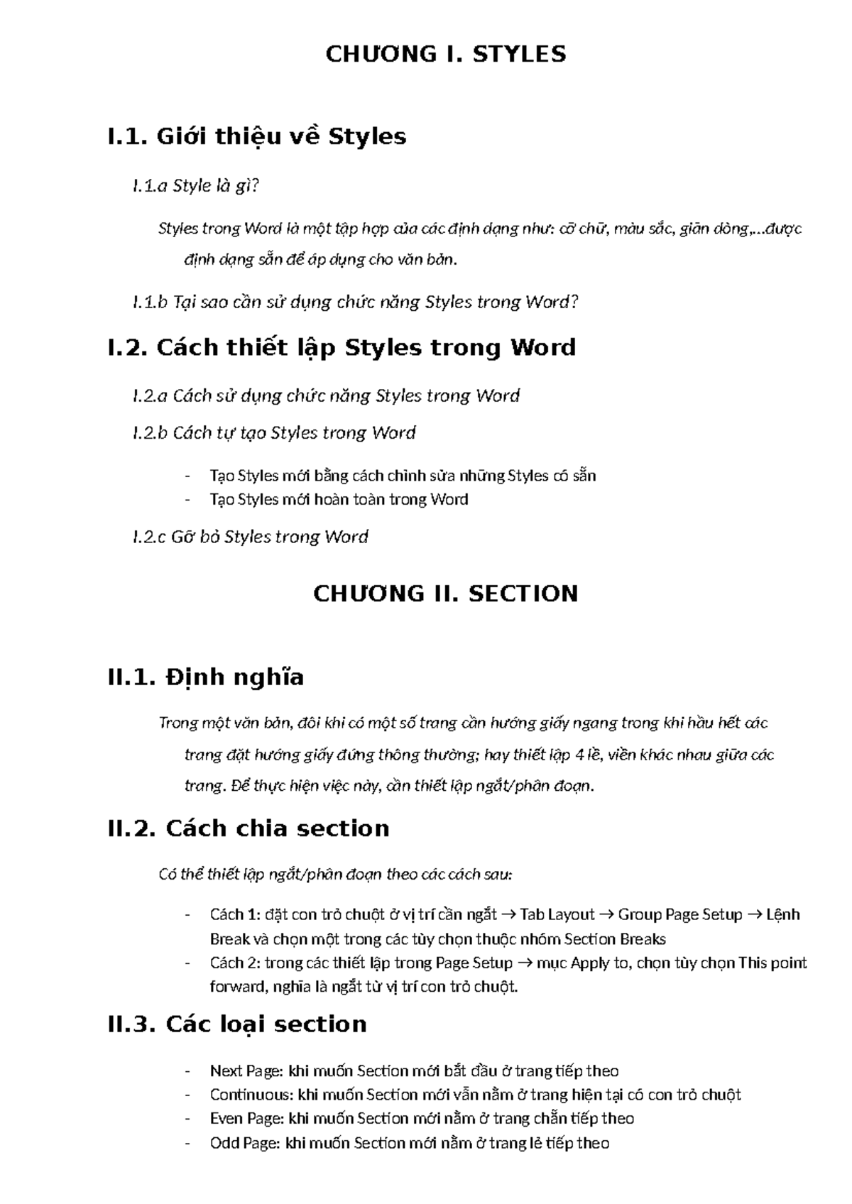 125THCB11: Hướng Dẫn Sử Dụng Styles và Section Trong Word - Studocu
