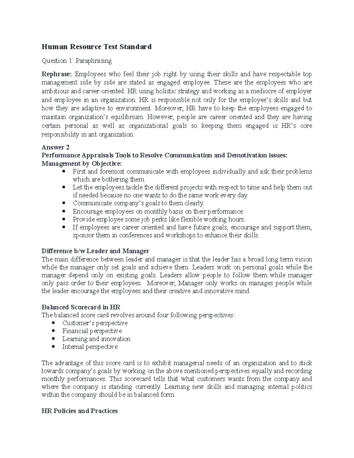Human Resource Test Standard - Human Resource Test Standard Question 1 ...