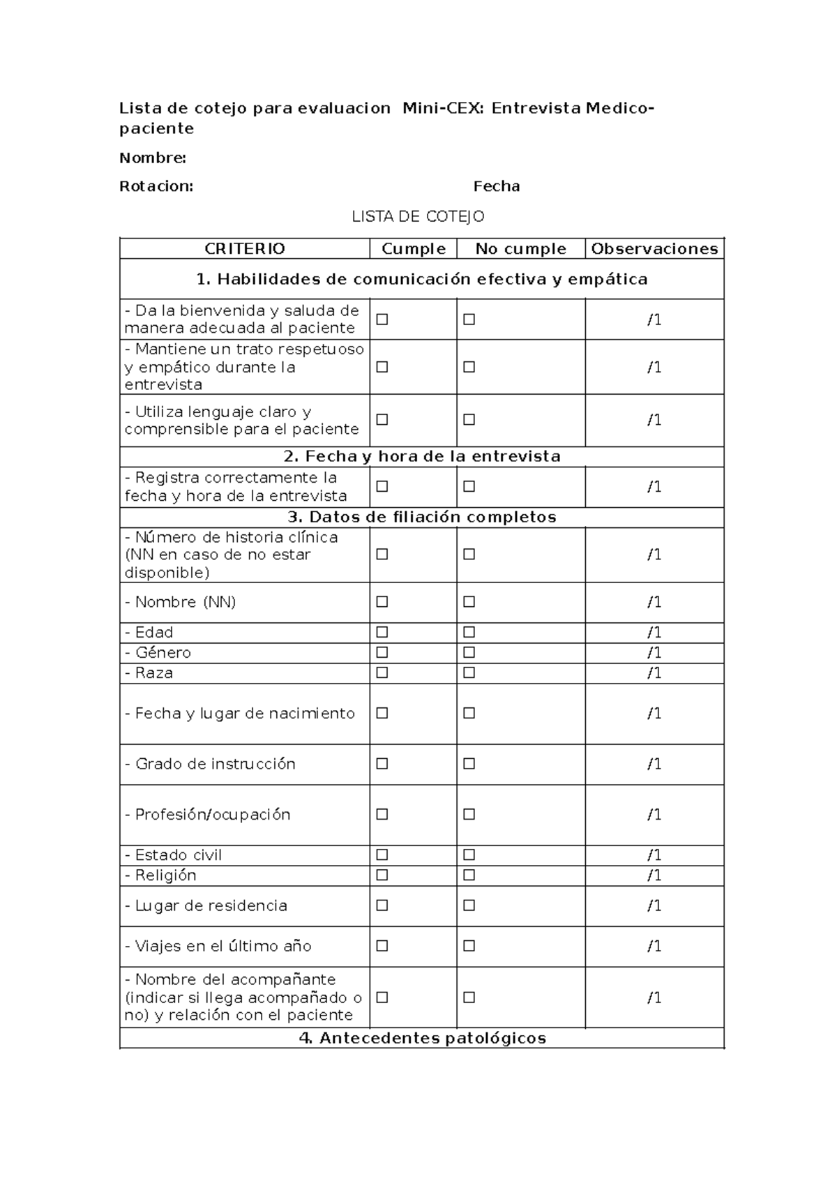Evaluación Mini-CEX: Entrevista Médico-Paciente Checklist - Studocu