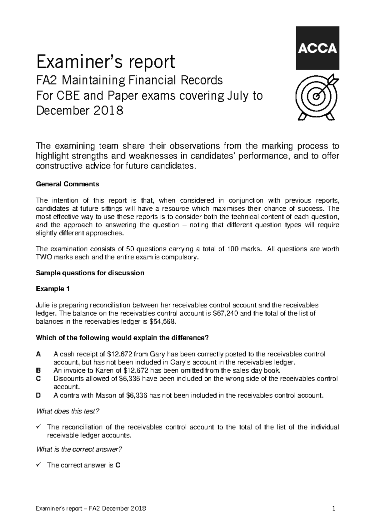 Fa2-examreport-d18 - Fa2 - examinable report - December 2018 - Checked ...