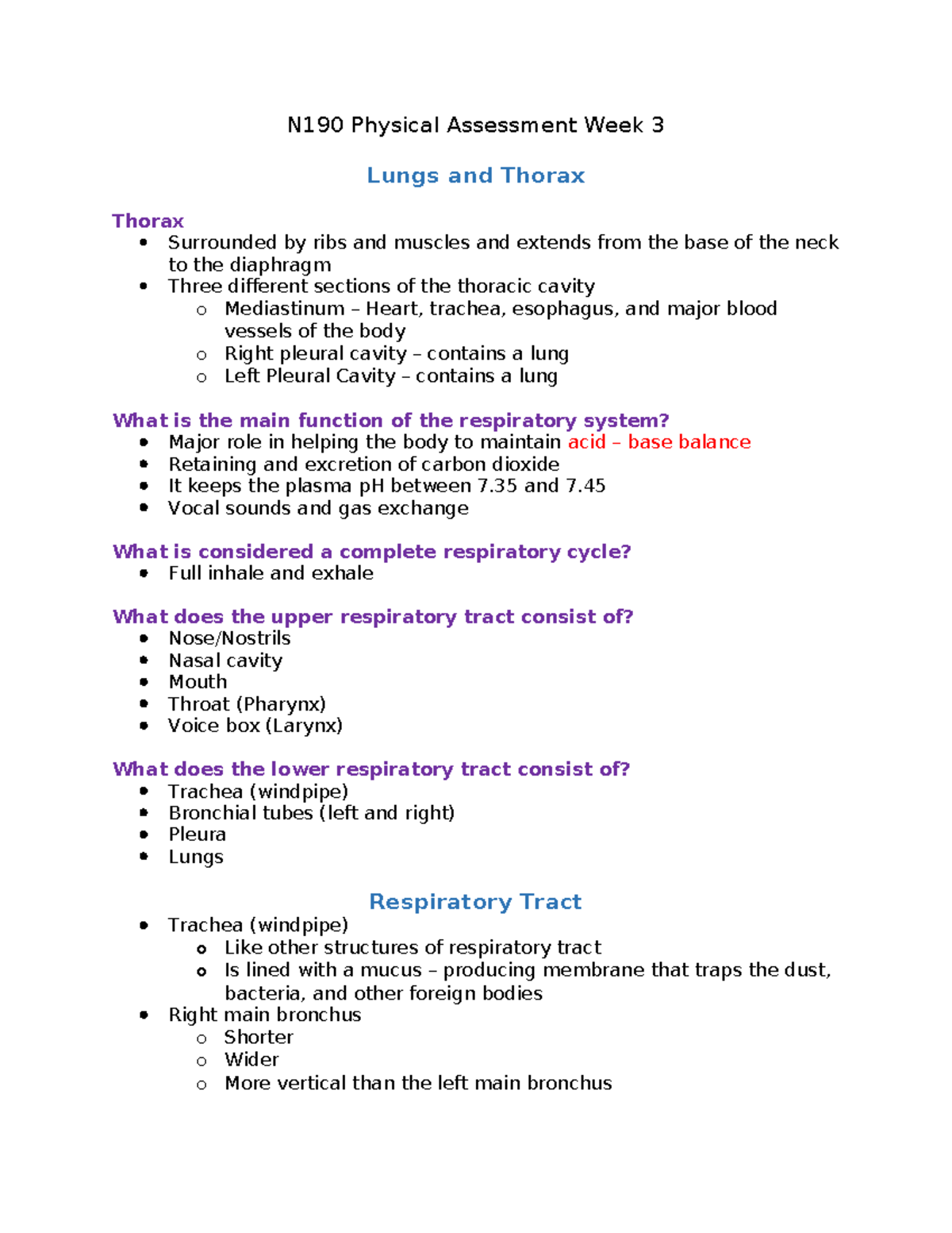 N190 Physical Assessment Midterm Study Notes: Lungs & Thorax Insights ...