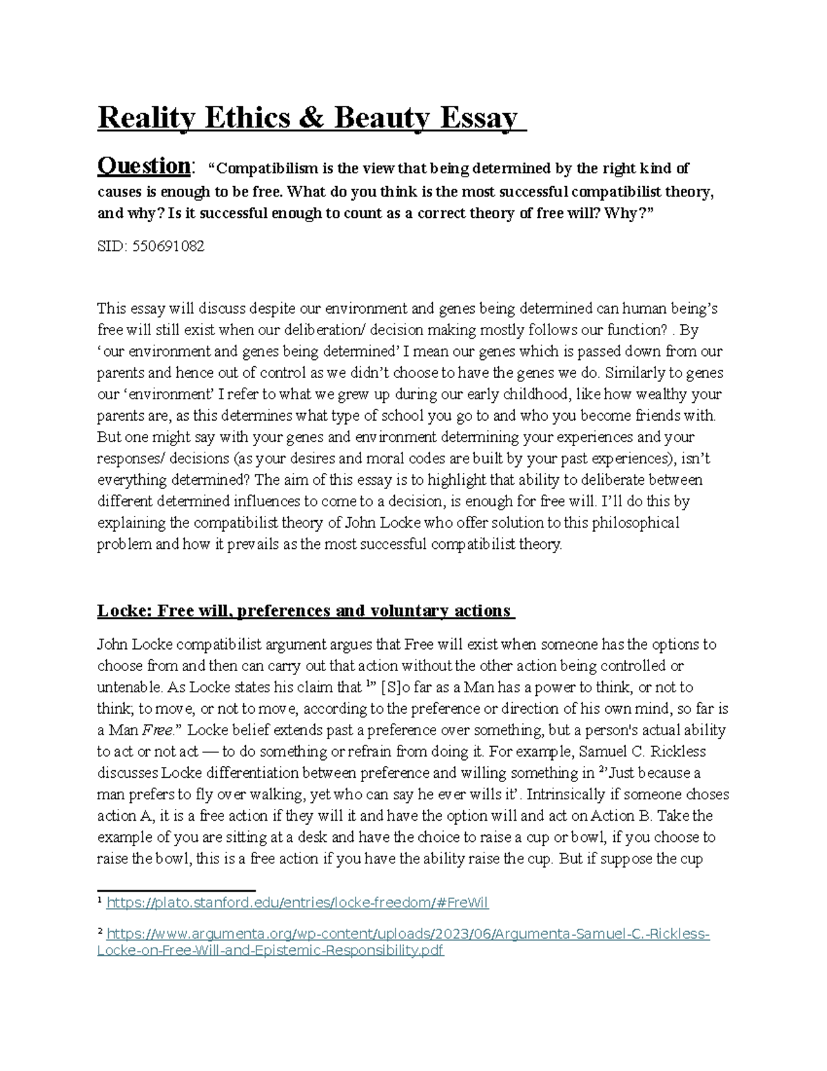 PHIL 101: Free Will and Compatibilism - An Essay on Locke's Theory ...