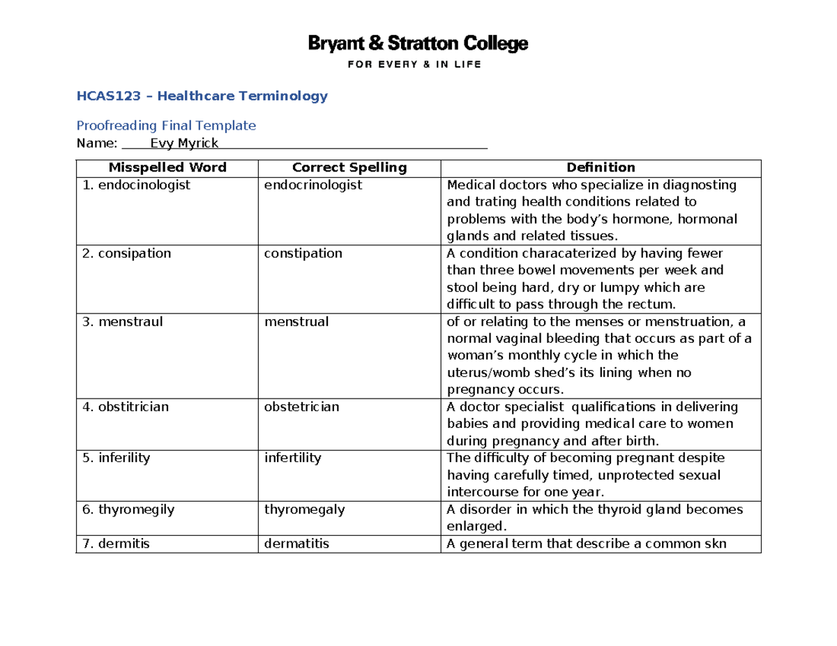 HCAS123 Healthcare Terminology Proofreading Final Exam Template - Studocu