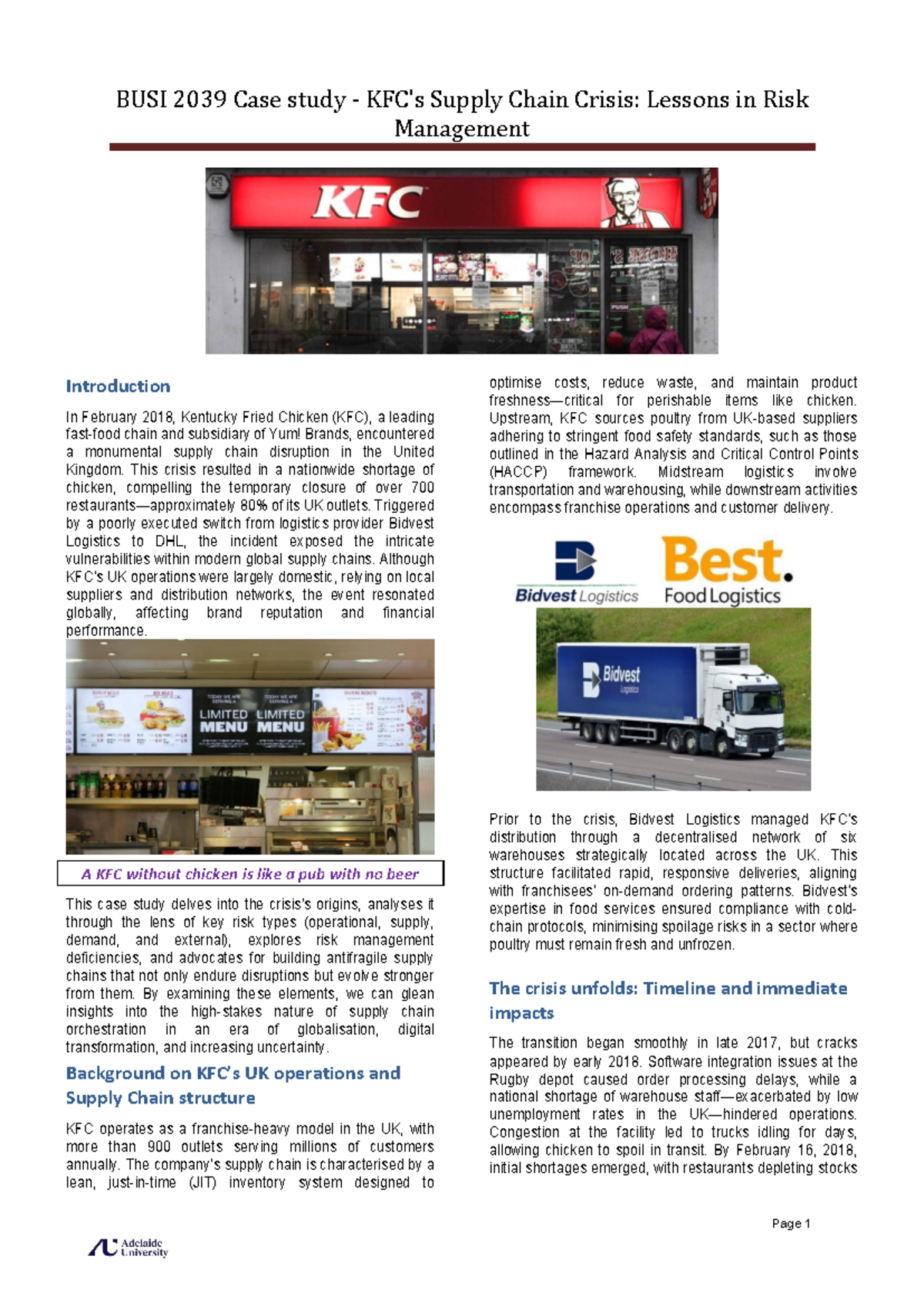 BUSI 2039 Case Study: KFC Supply Chain Crisis & Risk Management ...