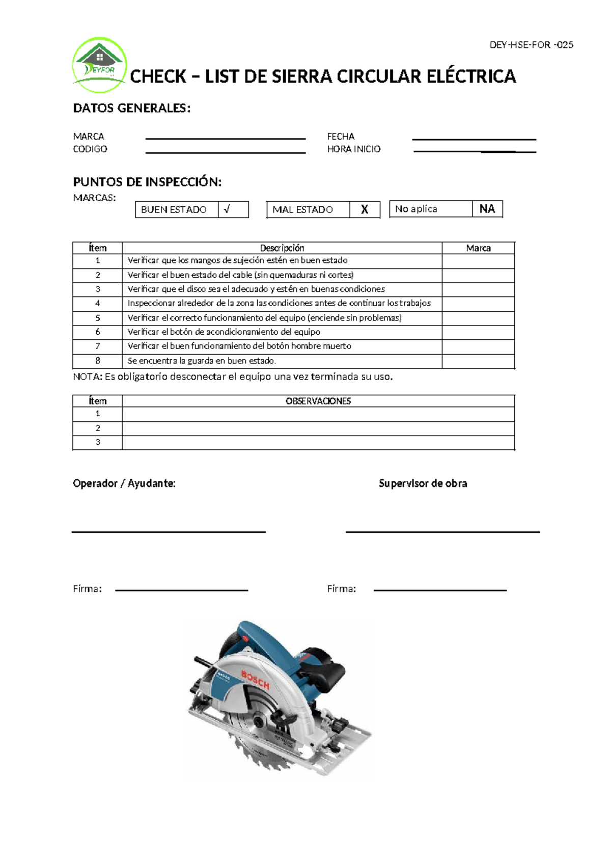 CHECK LIST SIERRA CIRCULAR ELÉCTRICA - INSPECCIÓN Y DATOS - Studocu