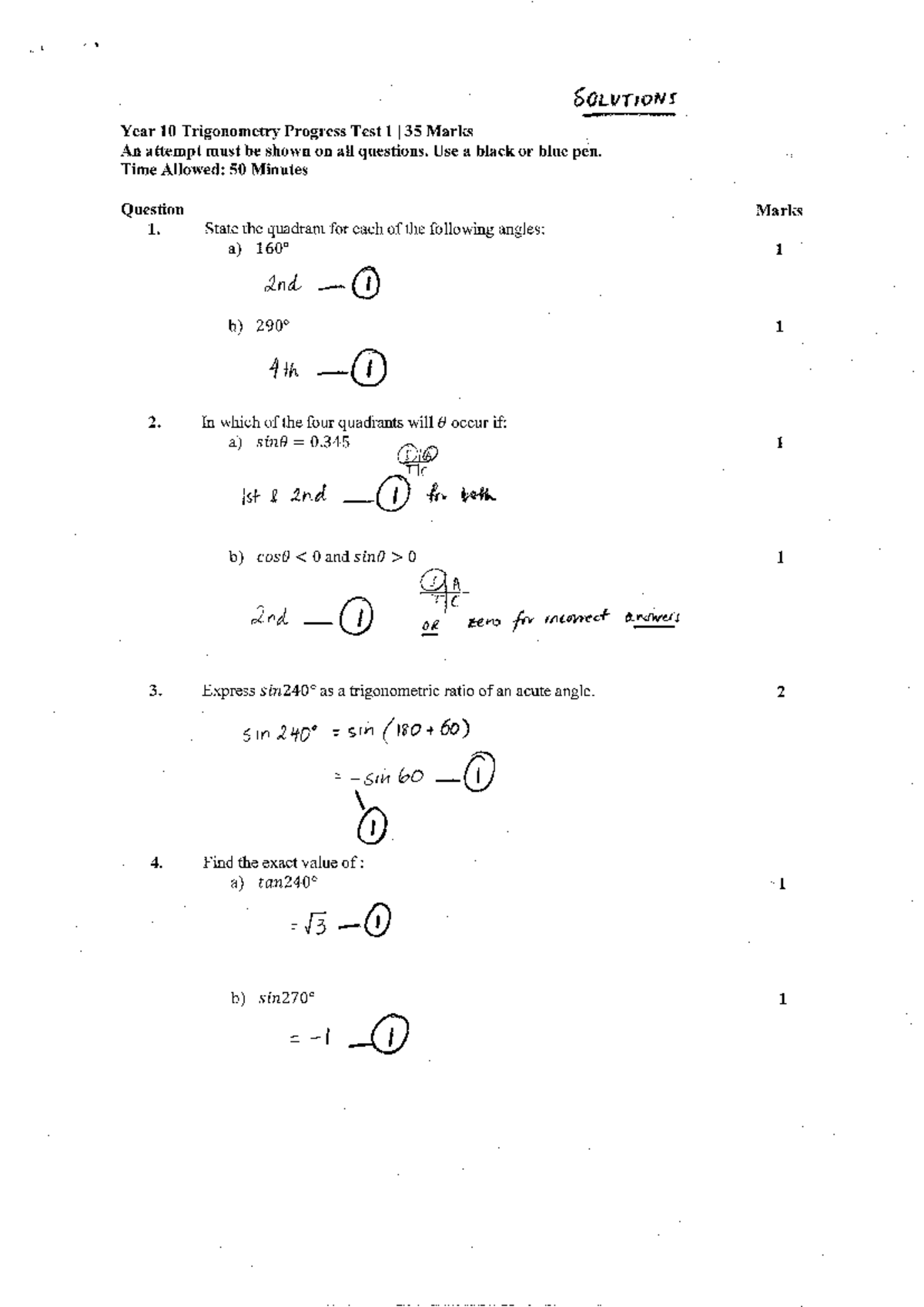 Year 10 ADC Maths Trigonometry Progress Test 1 Solutions - Studocu