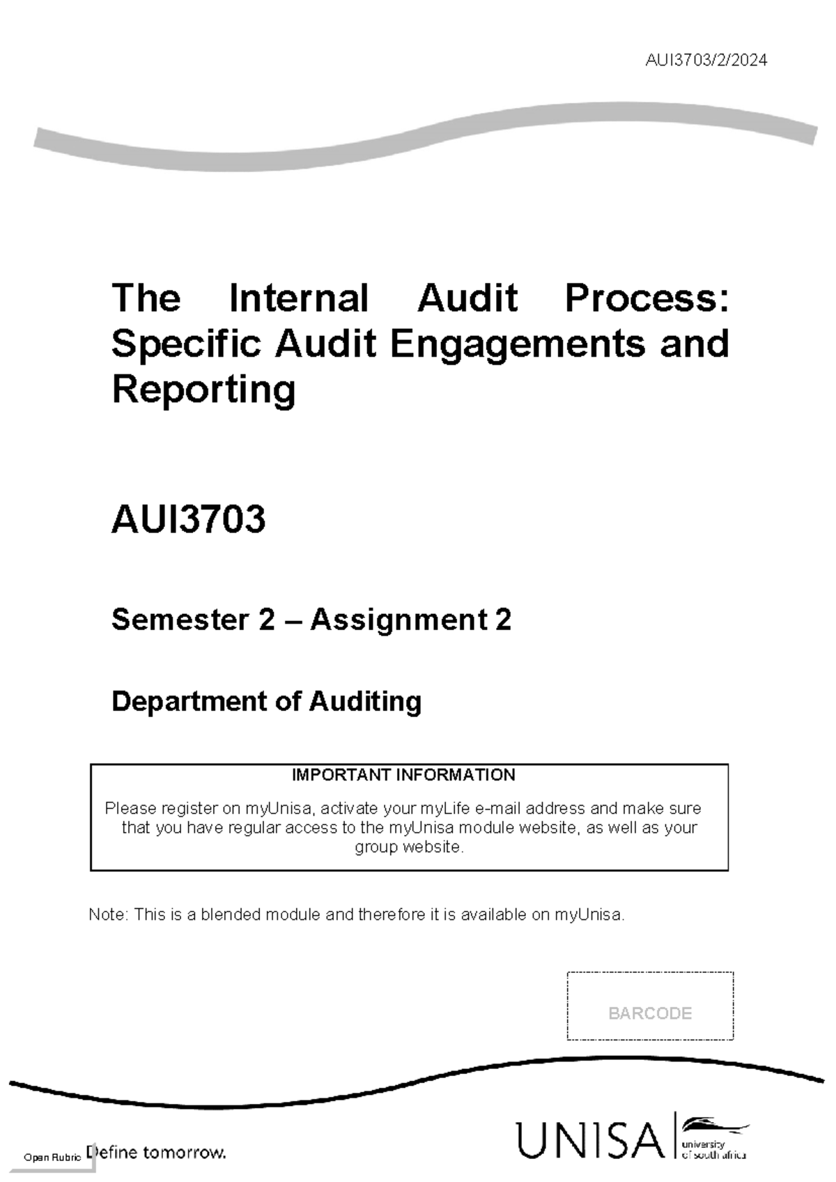 AUI3703 Assignment 2 S2 2024 - AUI3703/2/ The Internal Audit Process ...