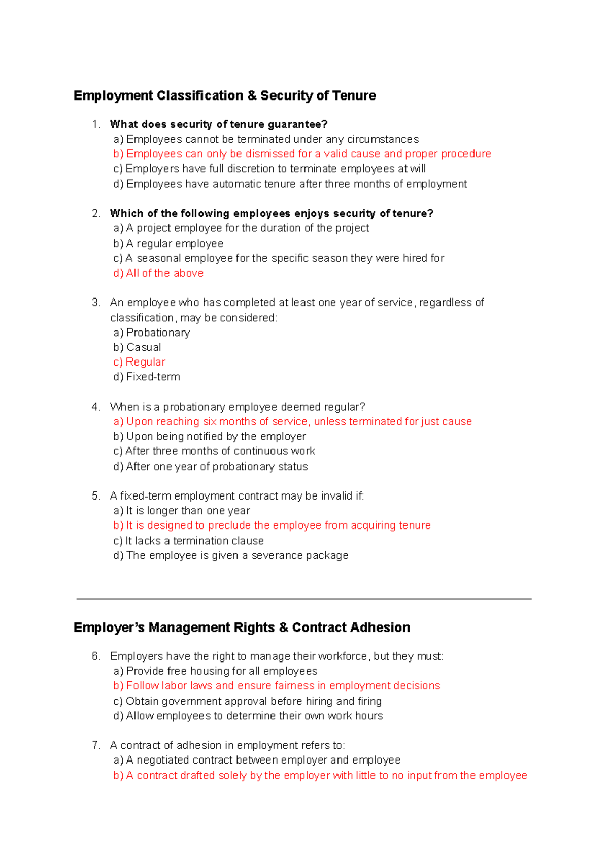 Labor Exam - MCQ on Employment Classification & Security of Tenure ...